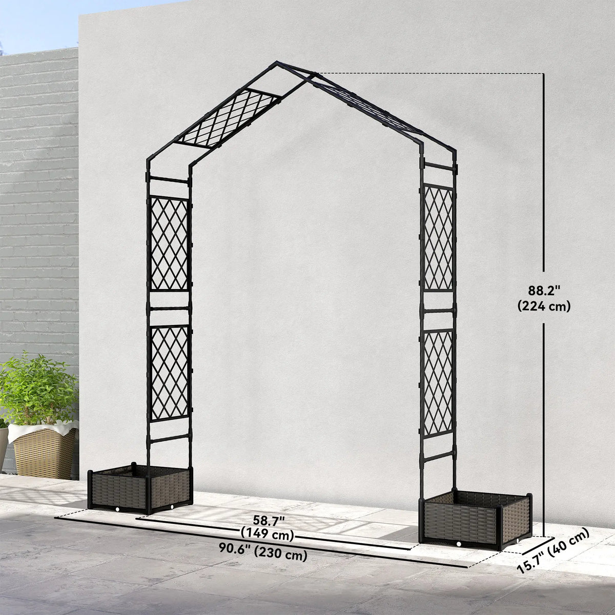 Black metal garden arbor trellis with planter boxes for climbing plants