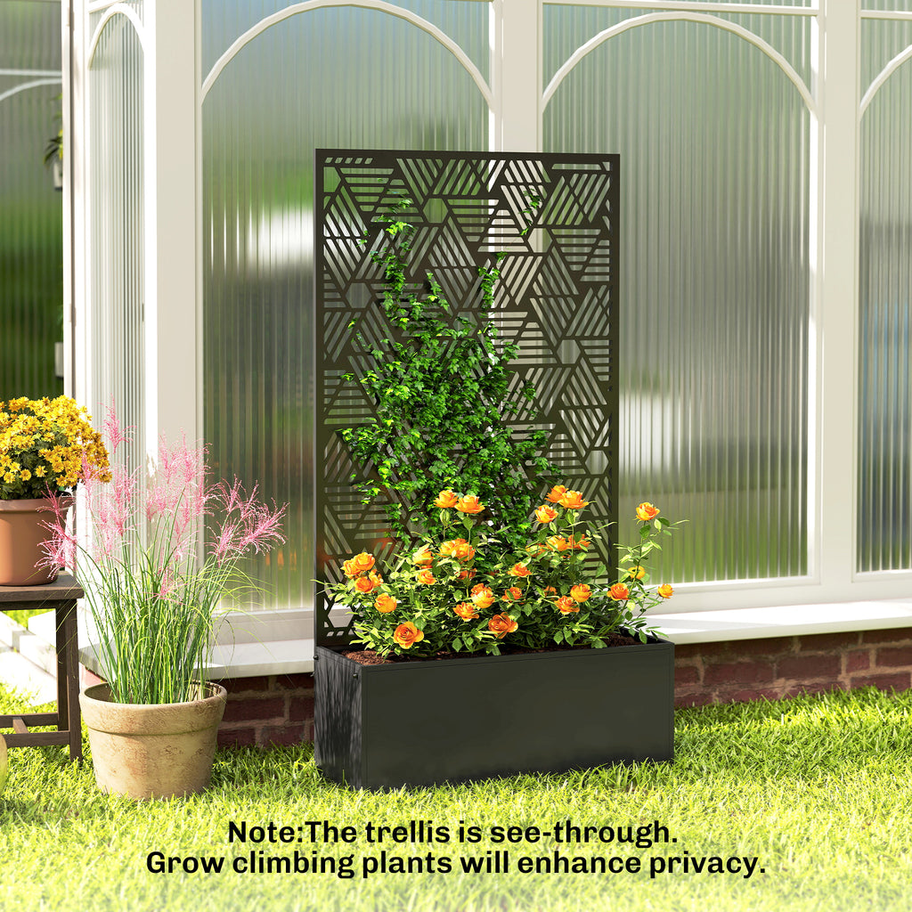 Metal Planter Box with Trellis, 44.5" Tall Raised Garden Bed with Privacy Screen, Hexagon and Line Cut-Out