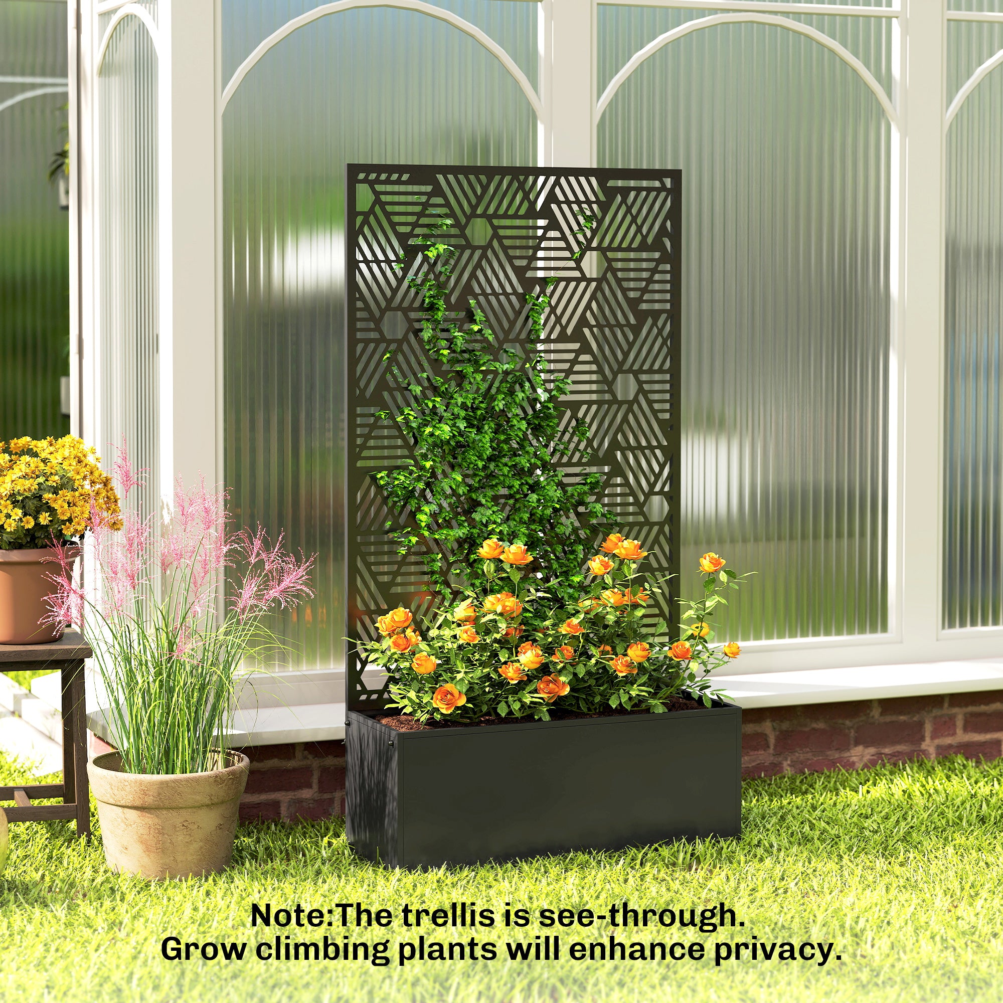 Metal Planter Box with Trellis, 44.5" Tall Raised Garden Bed with Privacy Screen, Hexagon and Line Cut-Out