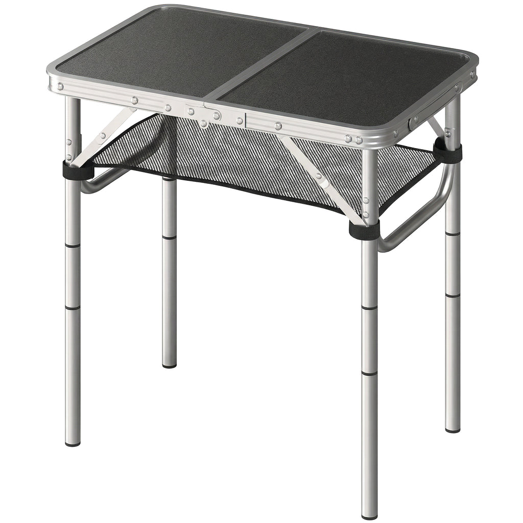 2ft Folding Camping Table, Picnic Table with Mesh Storage Layer, 4 Adjustable Heights and Carrying Handle, Black