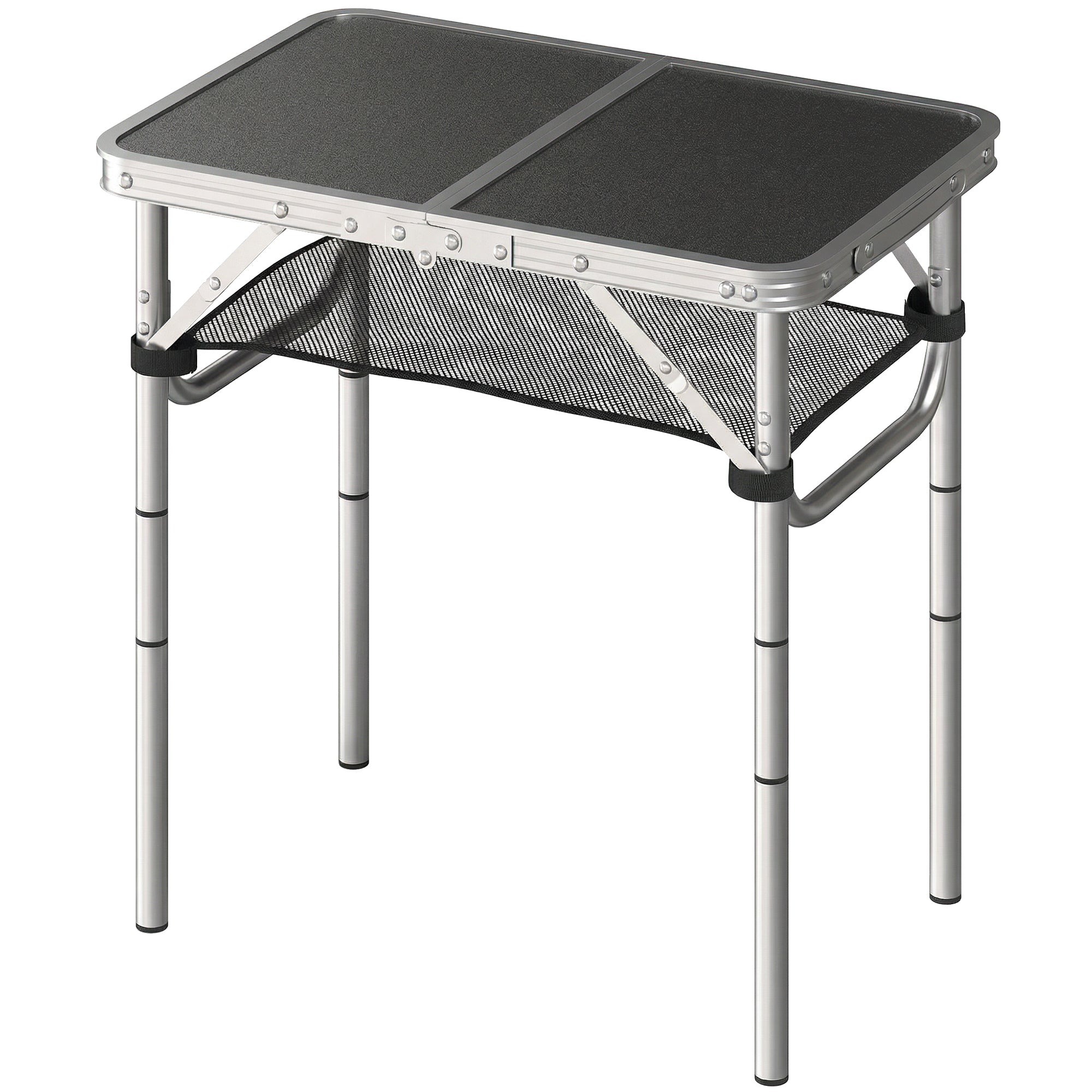 2ft Folding Camping Table, Picnic Table with Mesh Storage Layer, 4 Adjustable Heights and Carrying Handle, Black