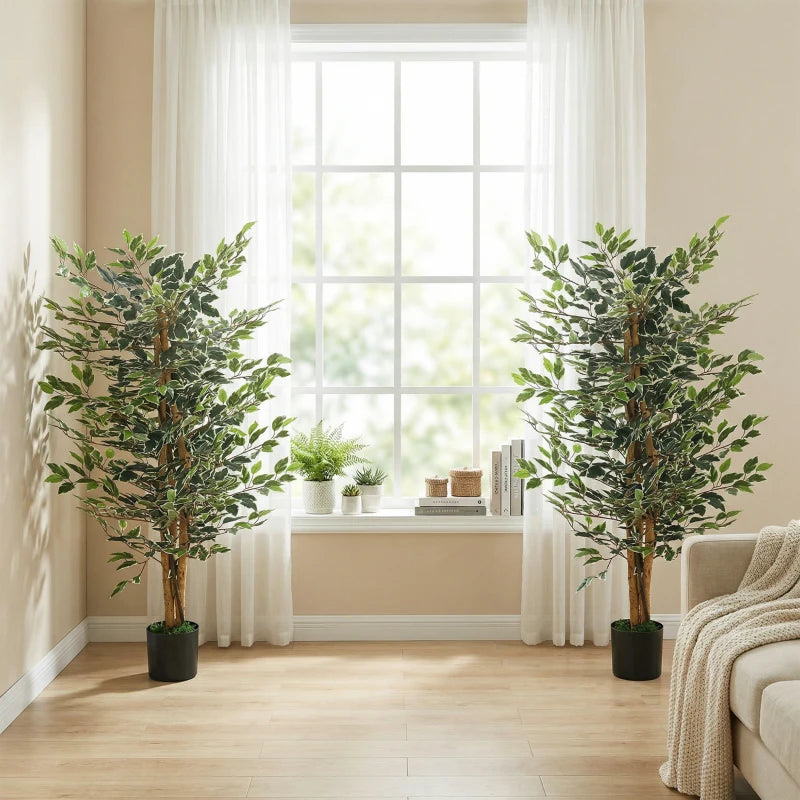 Faux ficus tree with realistic green leaves for living room home décor