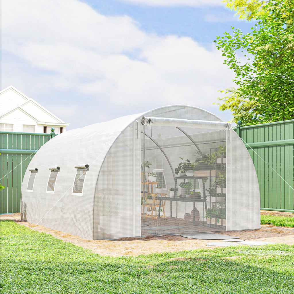 Walk-in Tunnel Greenhouse, Plant Hot House w/ Support Rods, Roll-up Mesh Door, Mesh Windows, 13'x9.8'x6.6', White
