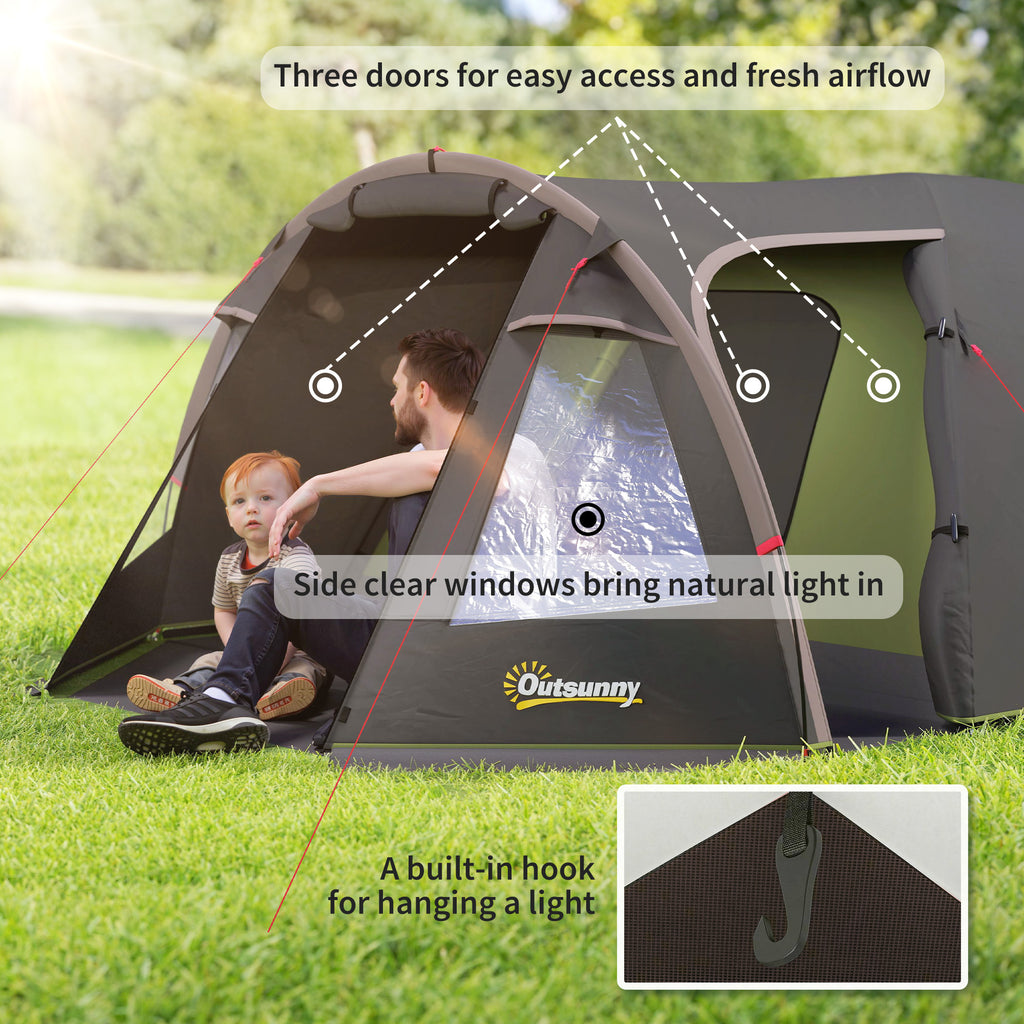 2-4 Man Camping Tent, 3000mm Waterproof Tunnel Tent with 2 Rooms, Sewn-in Groundsheet, 3 Doors and Hook