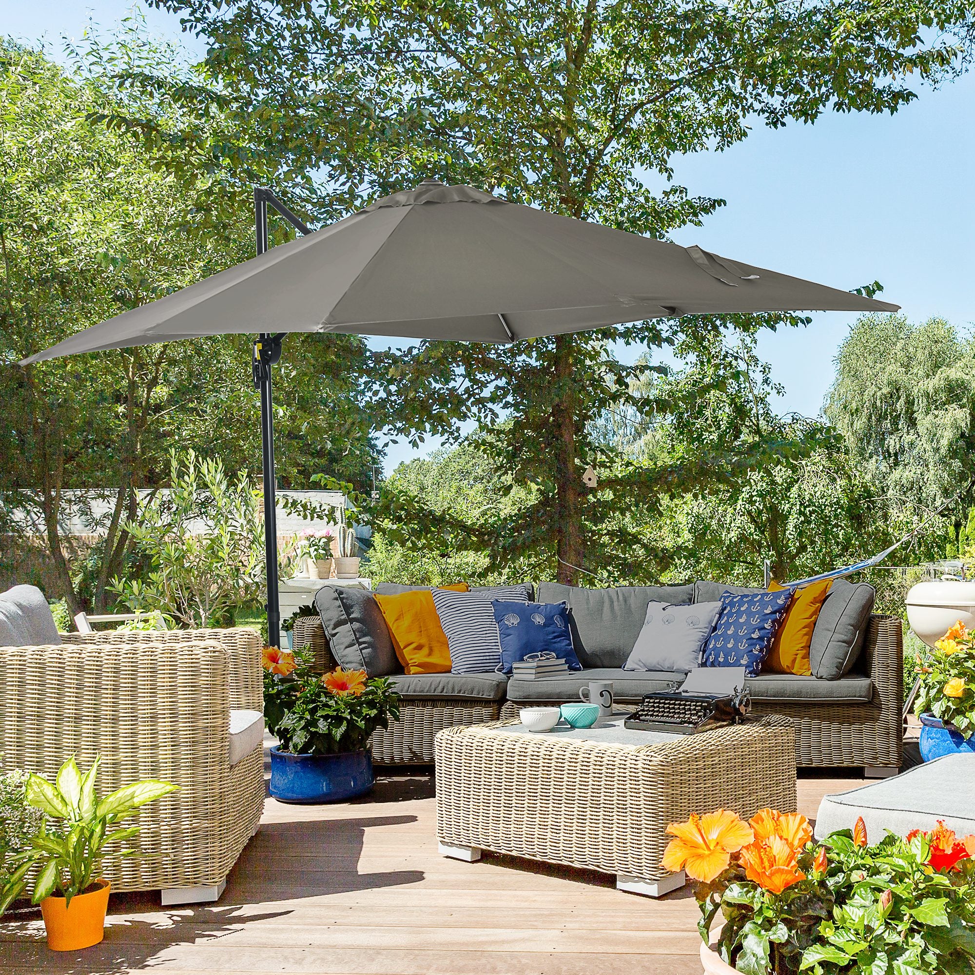 8' x 8' Square Patio Hanging Offset Umbrella with 360Â° Rotation, Aluminum Outdoor Cantilever Market Parasol, Light Grey