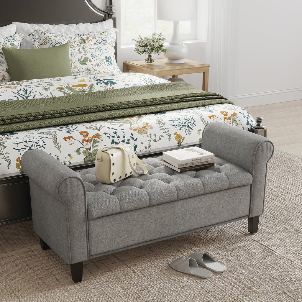 50 Inches Storage Ottoman, Upholstered Bedroom Bench with Rolled Arms and Button Tufted Storage, Light Grey