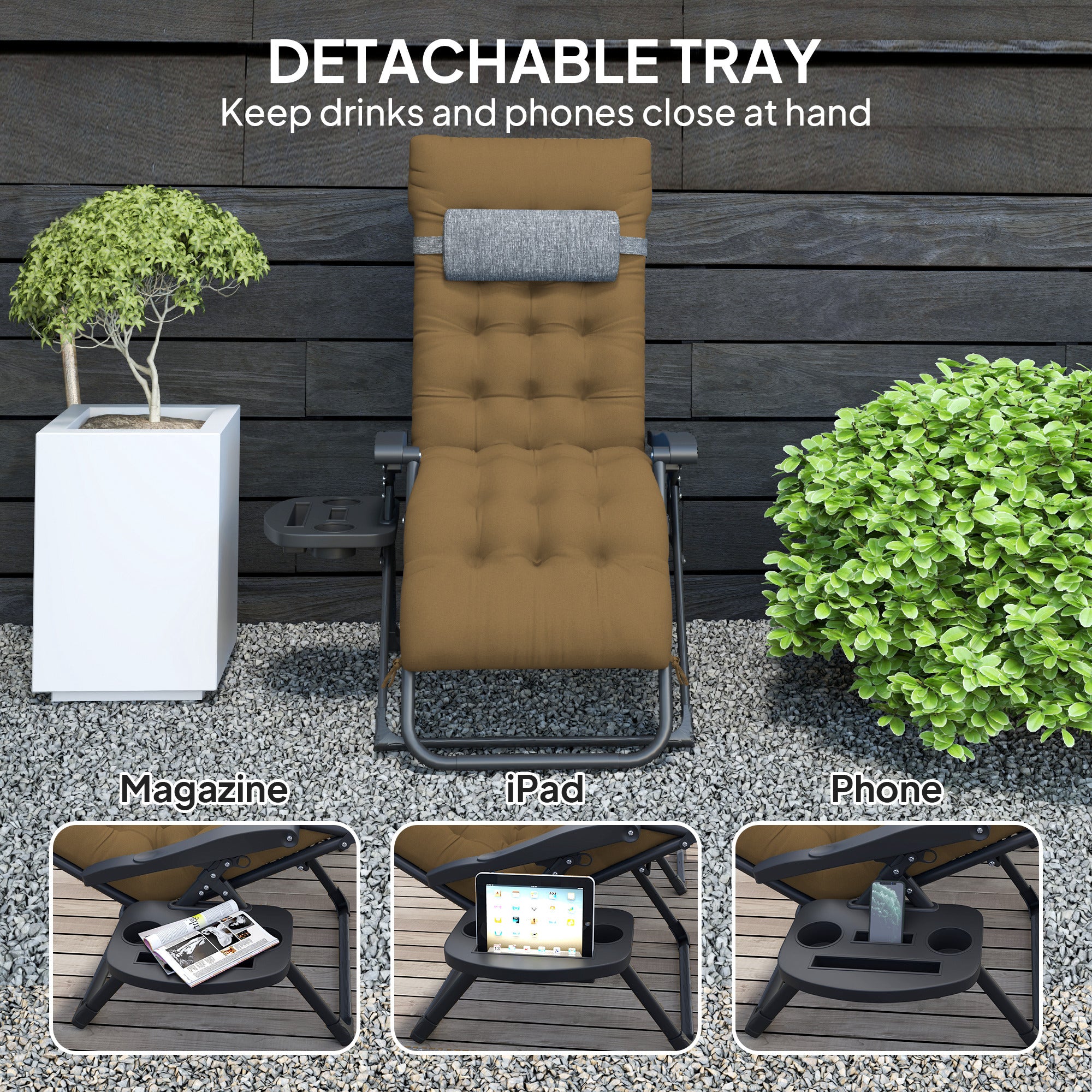 Padded Folding Recliner Chair, Patio Lounger with Cupholder, Adjustable Backrest, Removable Cushion, Light Khaki