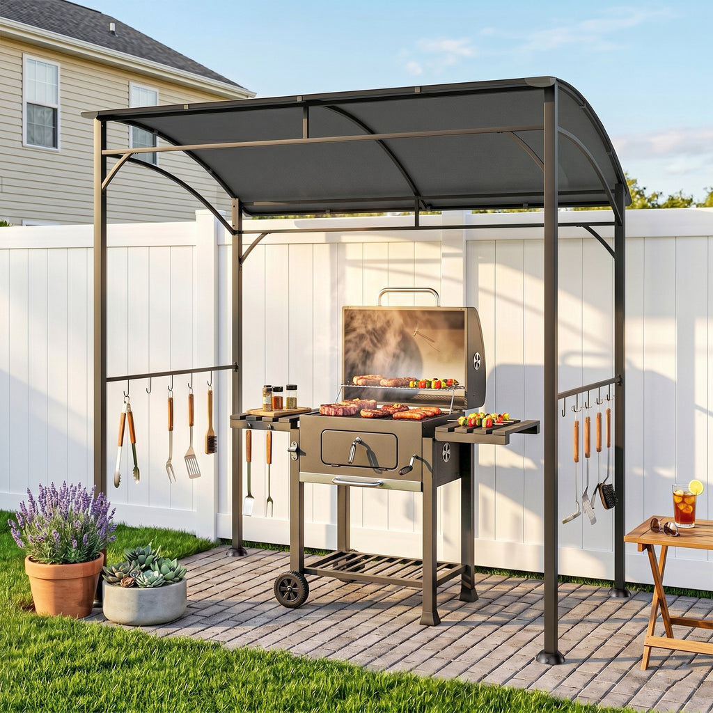 7' x 5' Garden Grill Canopy, BBQ Grill Gazebo Tent with Steel Frame and Hooks, Outdoor Sun Shade, Charcoal Grey