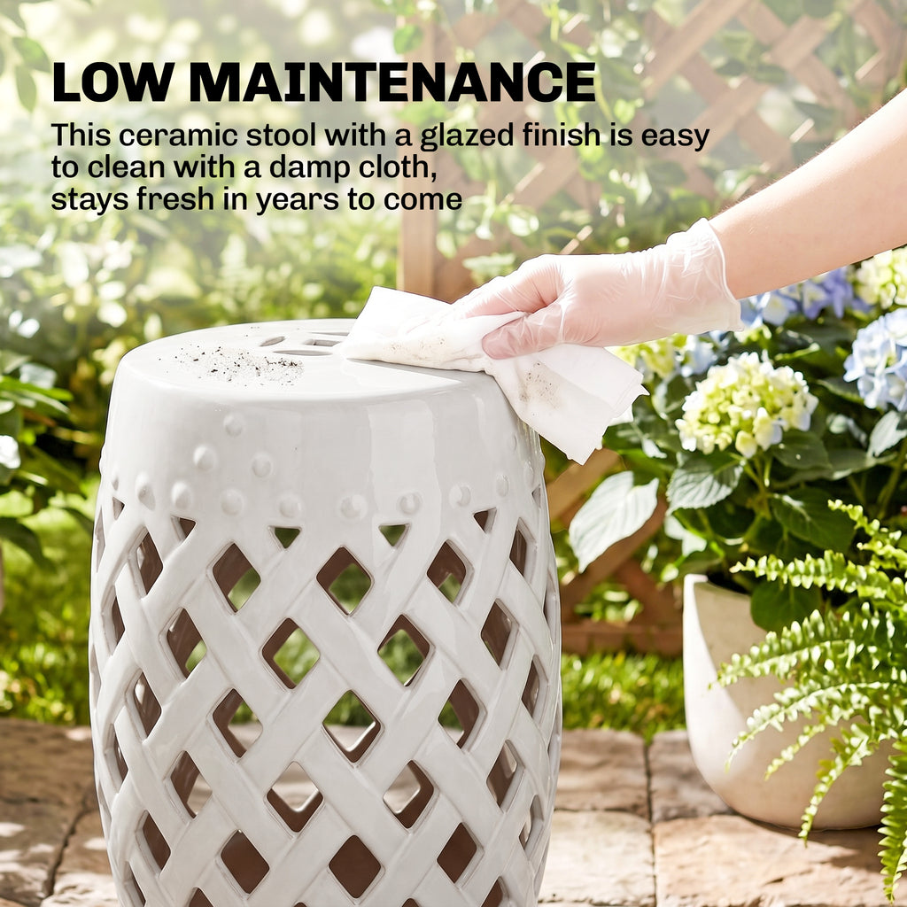 12.4" x 17.9" Ceramic Garden Stool with Woven Lattice Design, Indoor & Outdoor Decorative Accent Stool, White