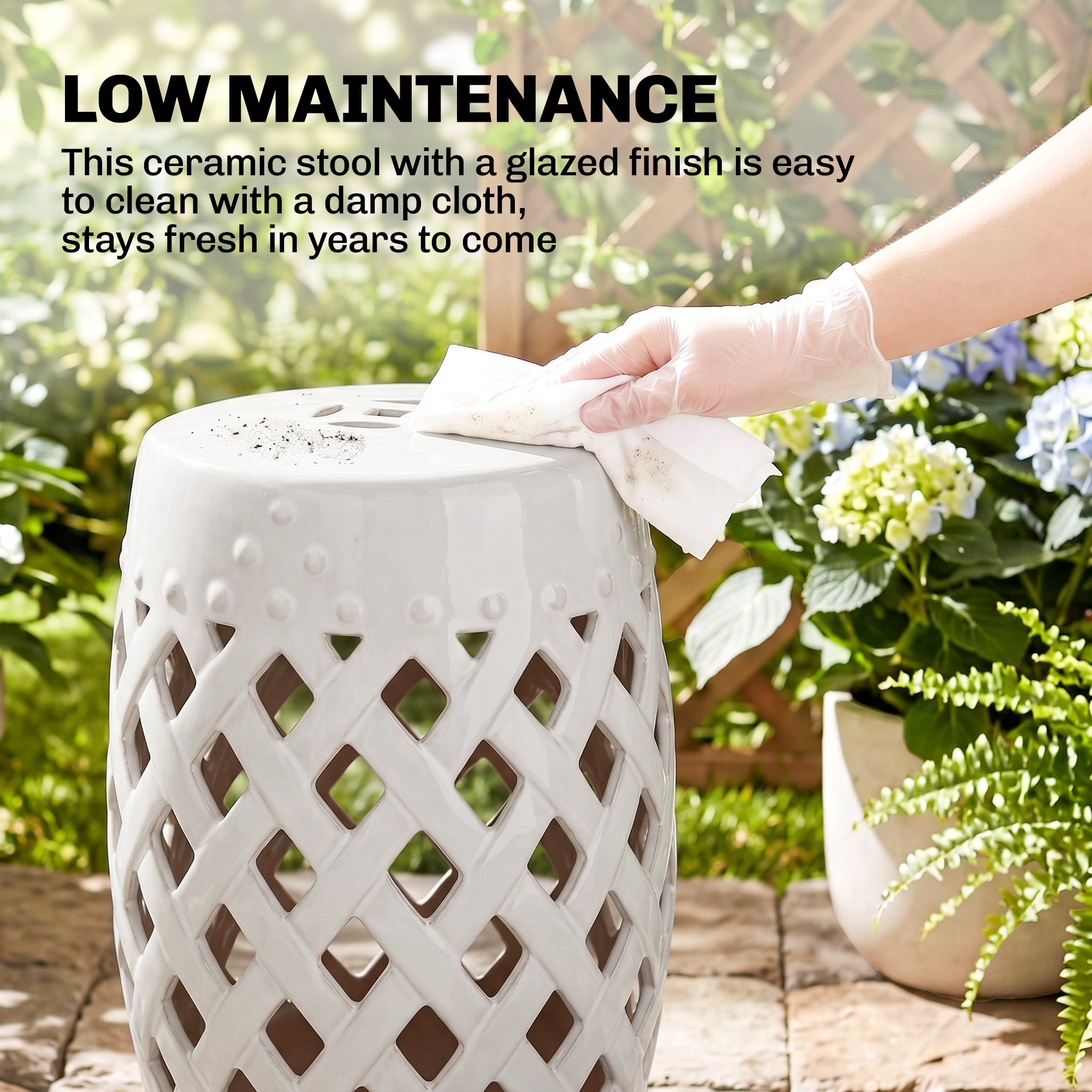 12.4" x 17.9" Ceramic Garden Stool with Woven Lattice Design, Indoor & Outdoor Decorative Accent Stool, White