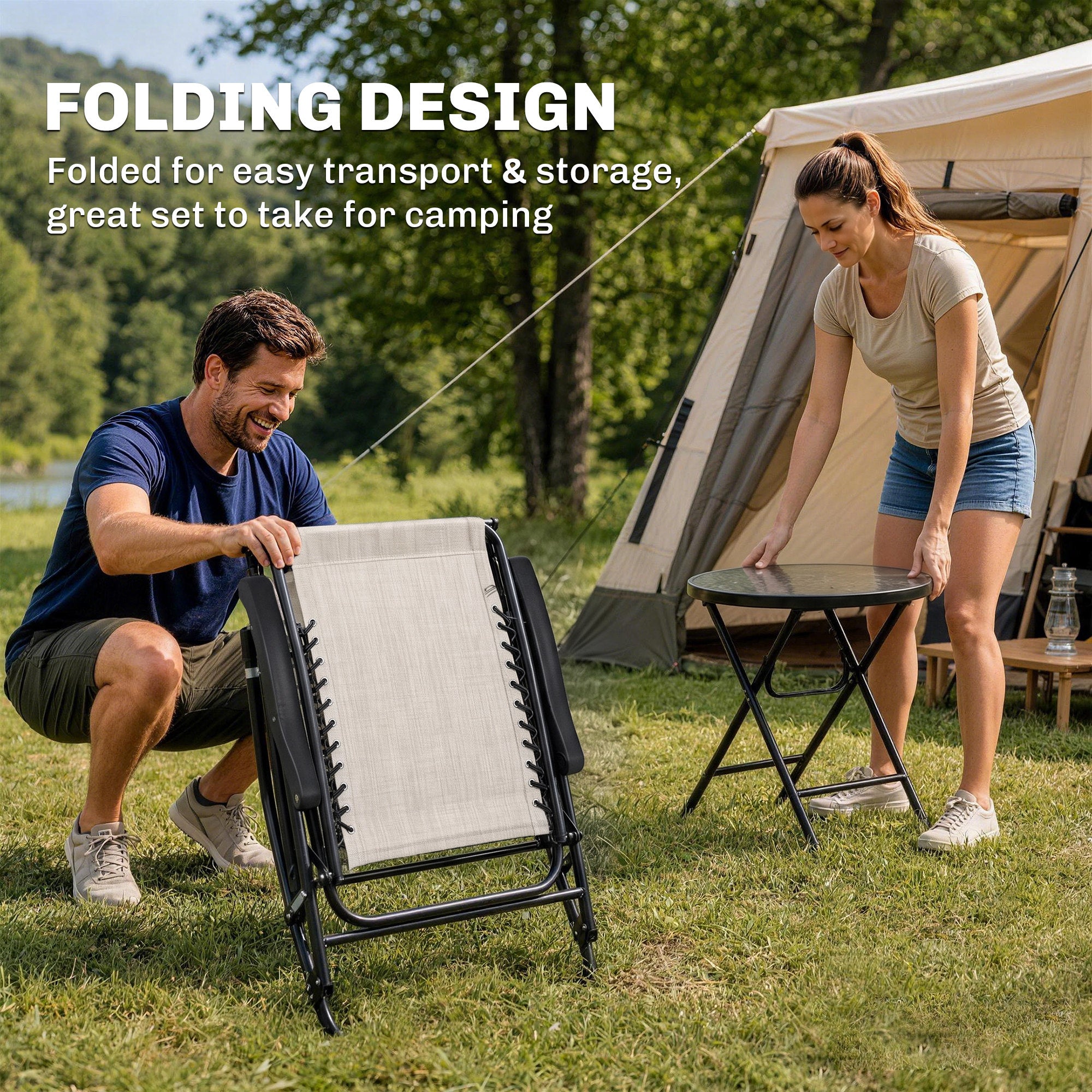 3pc Patio Rocking Chair Set, Folding Outdoor Rocking Chairs and Table Bistro Set w/ Breathable Mesh Seat & Backrest, Headrest for Park, Backyard, Garden, Cream White