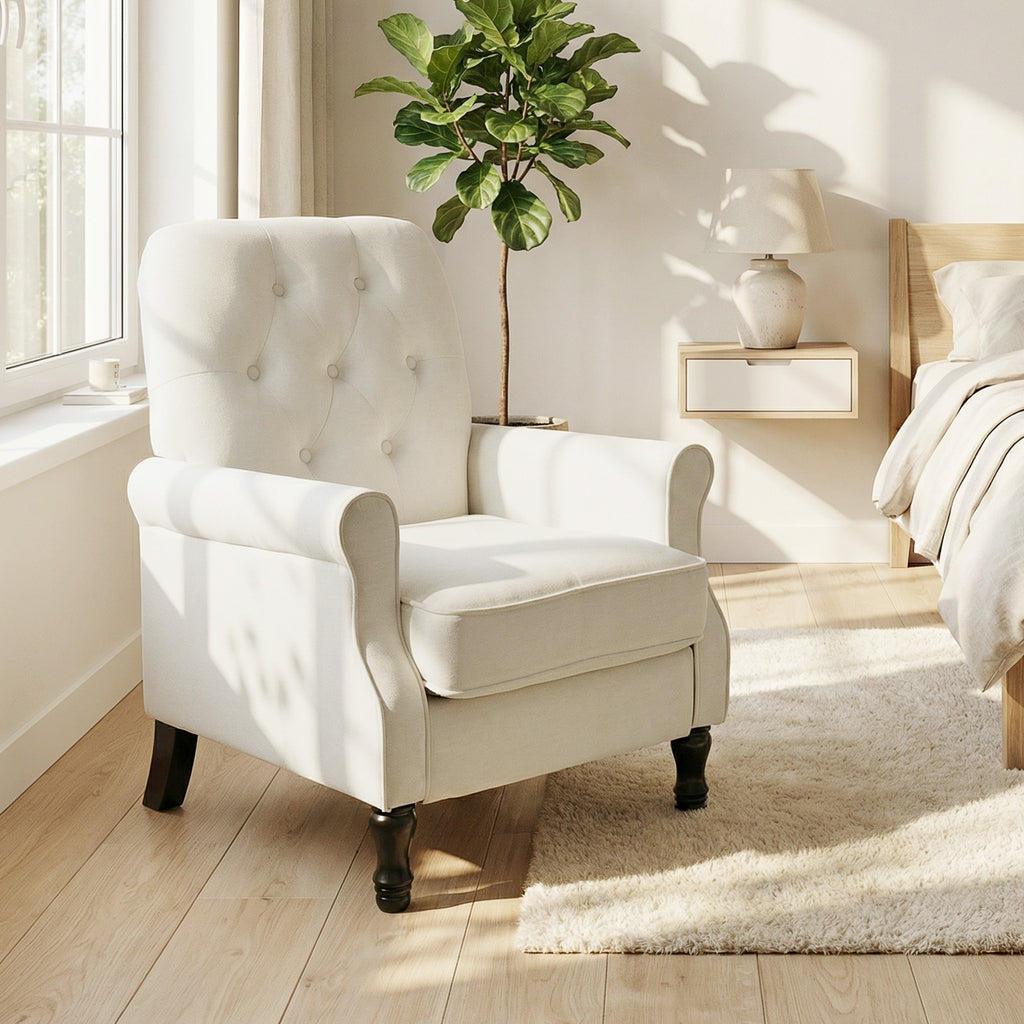 Accent Chair, Mid-Century Modern Armchair with Thick Padded Seat, Spring Cushion, Solid Wood Legs, Cream White