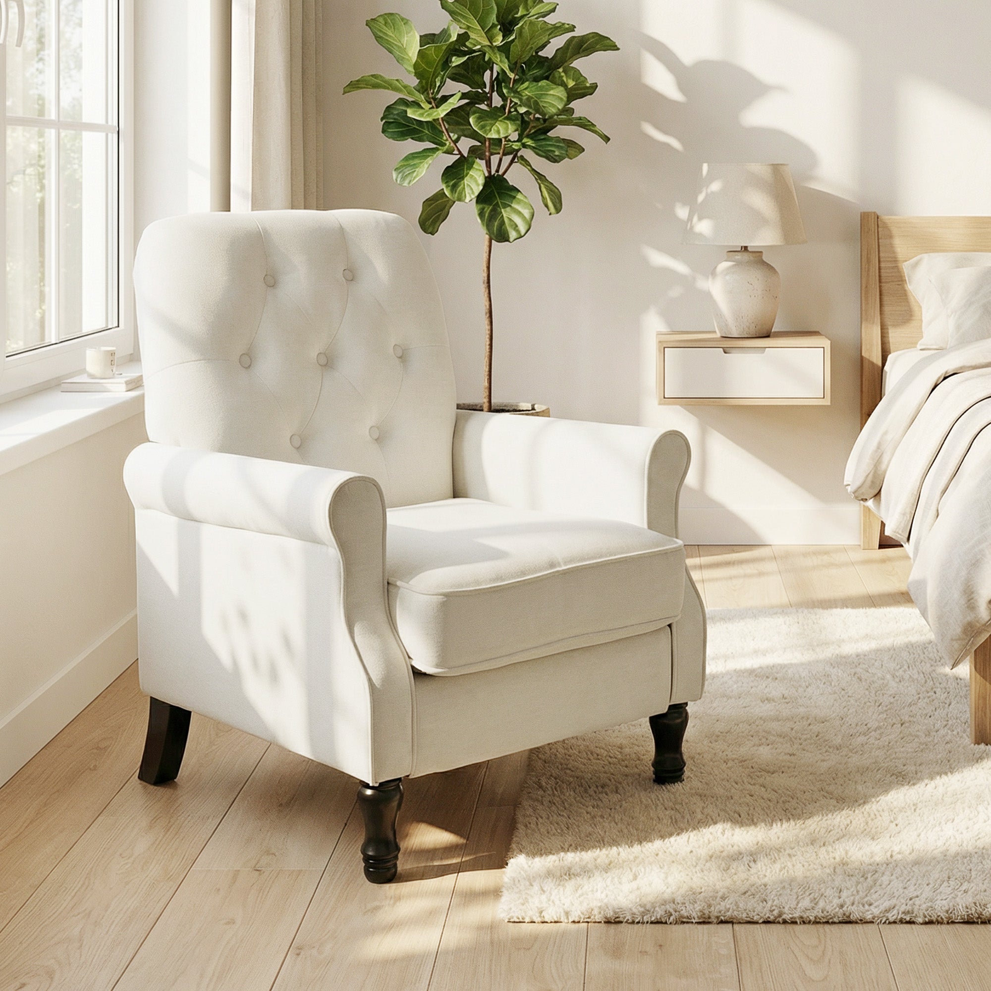 Accent Chair, Mid-Century Modern Armchair with Thick Padded Seat, Spring Cushion, Solid Wood Legs, Cream White