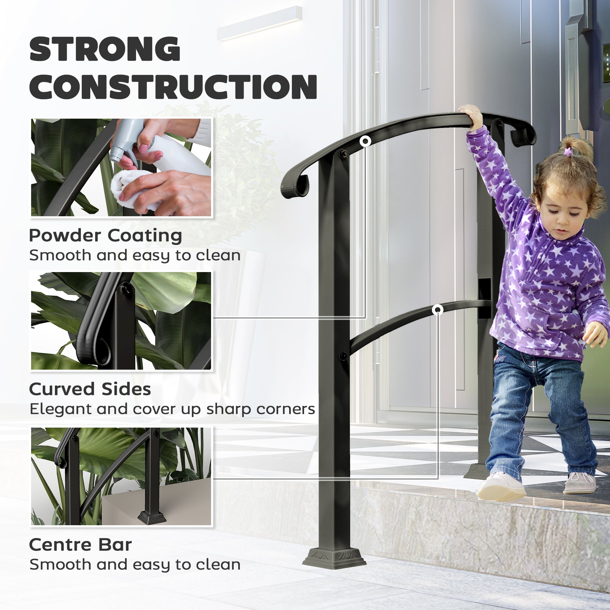 1-3 Step Handrails for Outdoor Steps, Porch Deck Railing, Metal Outdoor Stair Railing with Installation Kit, Black