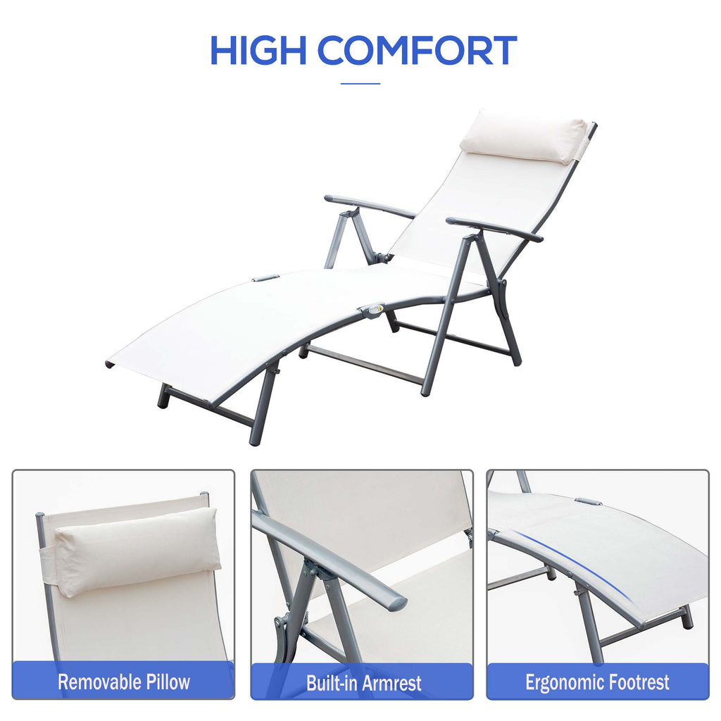 Outdoor Folding Chaise Lounge Chair Steel Portable Recliner with 7 Adjustable Backrest Positions, Cream White