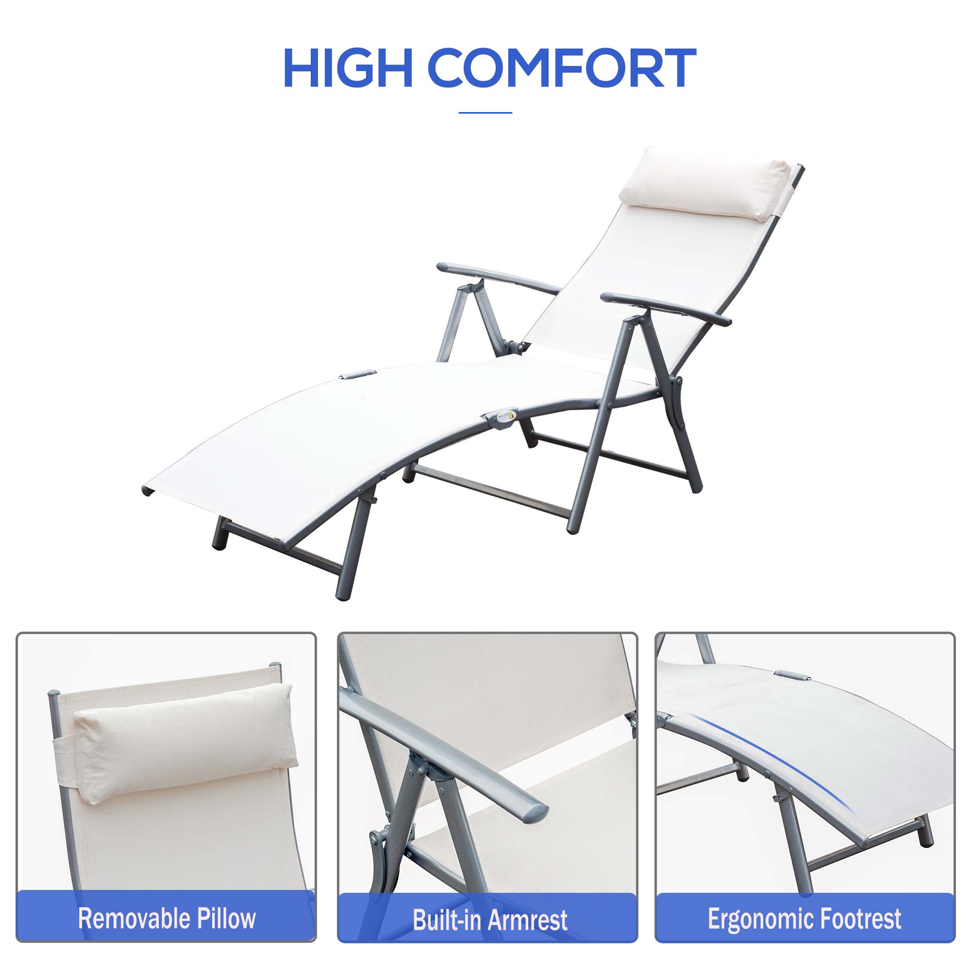 Outdoor Folding Chaise Lounge Chair Steel Portable Recliner with 7 Adjustable Backrest Positions, Cream White