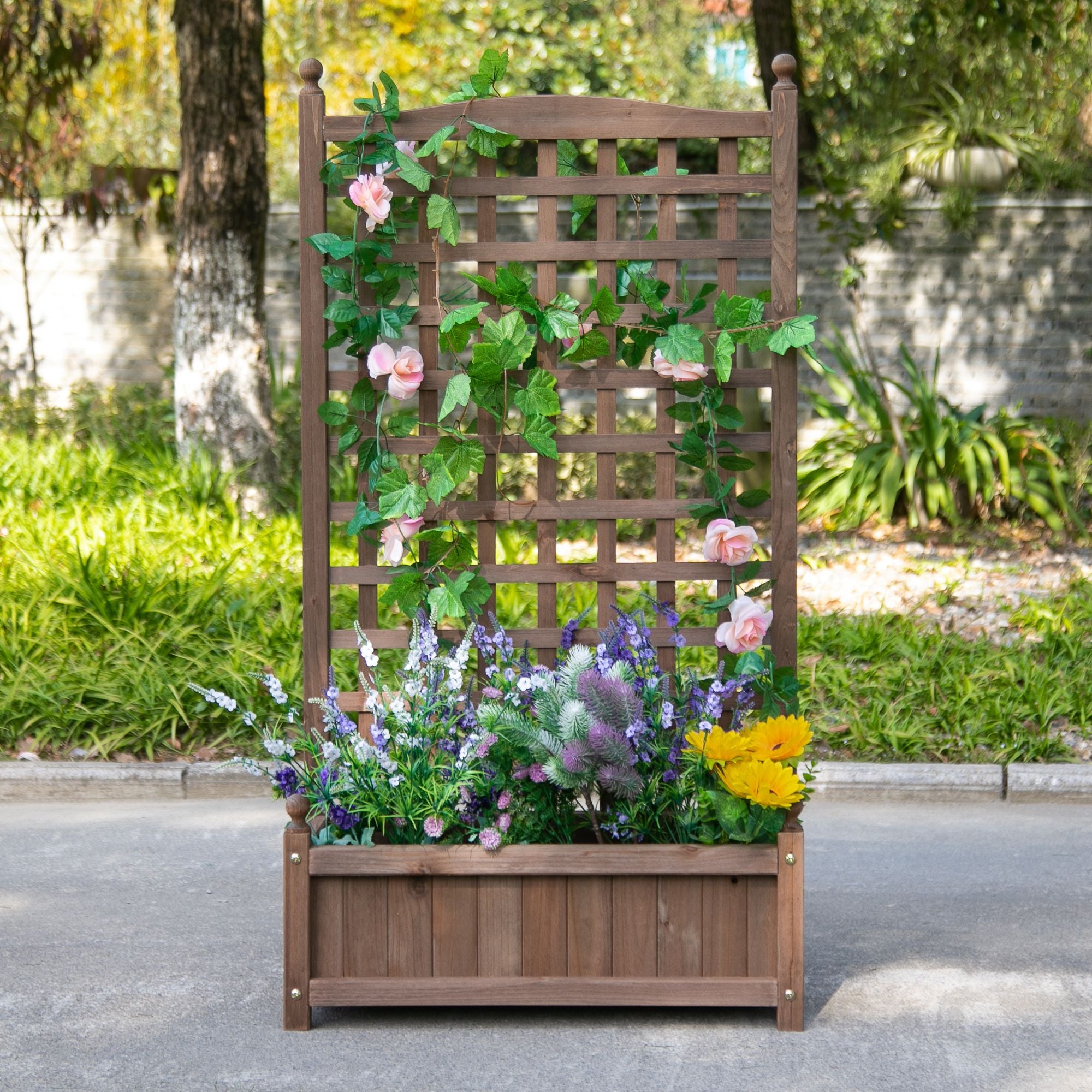 Raised Garden Bed with Trellis, Wood Planter Box for Garden, Free Standing Flower Bed, 25.2" x 11" x 47.2" Brown