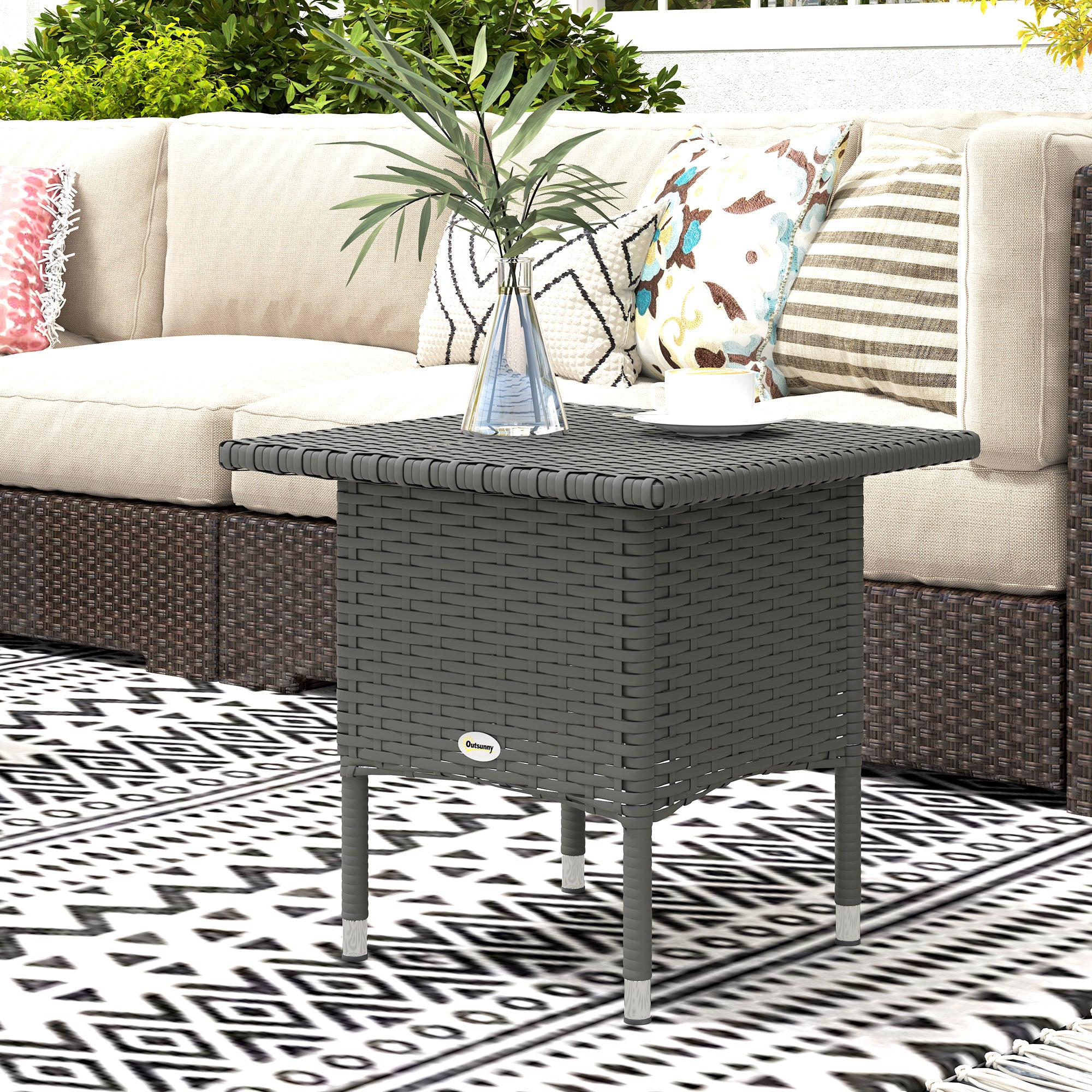 Wicker Outdoor Side Table, 20" Square Patio End Table w/ Full Woven Top, Grey