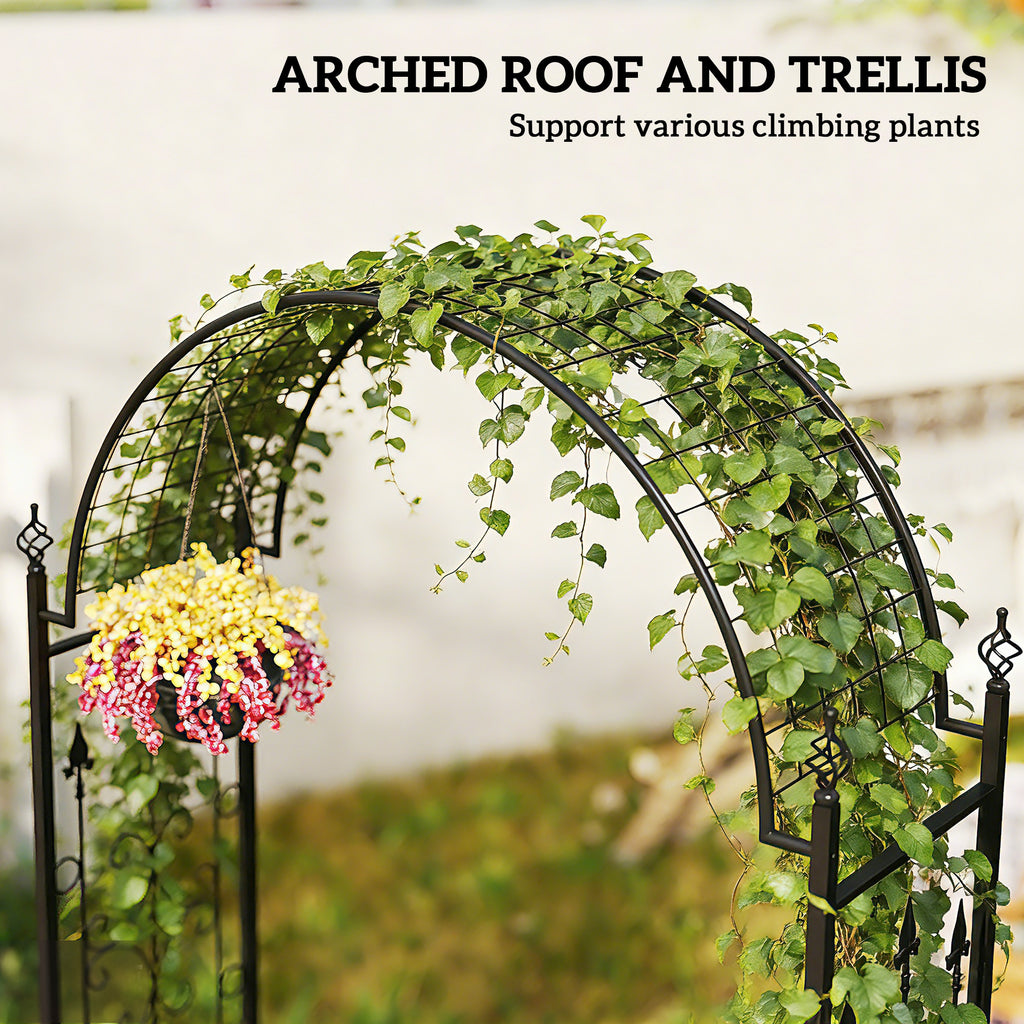 7.5 ft Steel Garden Arch, Outdoor Trellis Arbor with Scrollwork for Climbing Plants, Wedding Arch, Black