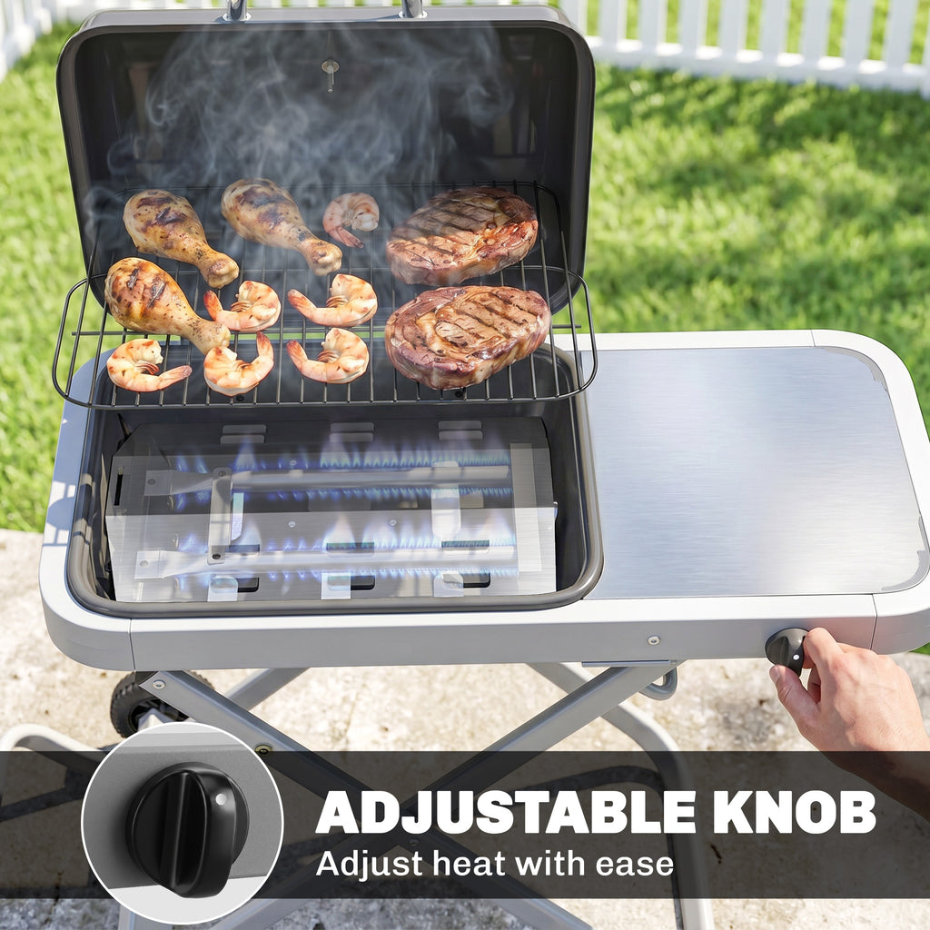 Portable Propane Gas BBQ Grill with Foldable Cart, Wheels, 9500 BTU Gas Barbecue Grill with Piezo Ignition Burner, Black