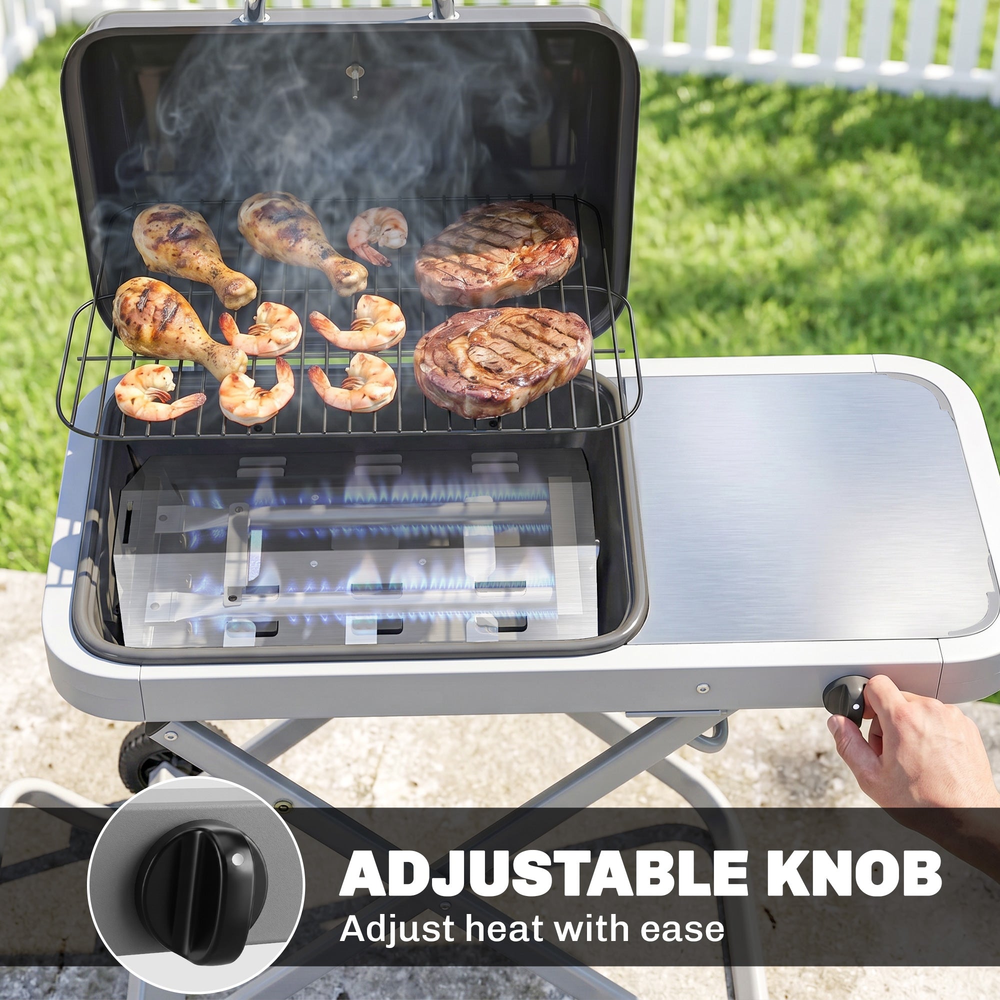 Portable Propane Gas BBQ Grill with Foldable Cart, Wheels, 9500 BTU Gas Barbecue Grill with Piezo Ignition Burner, Black
