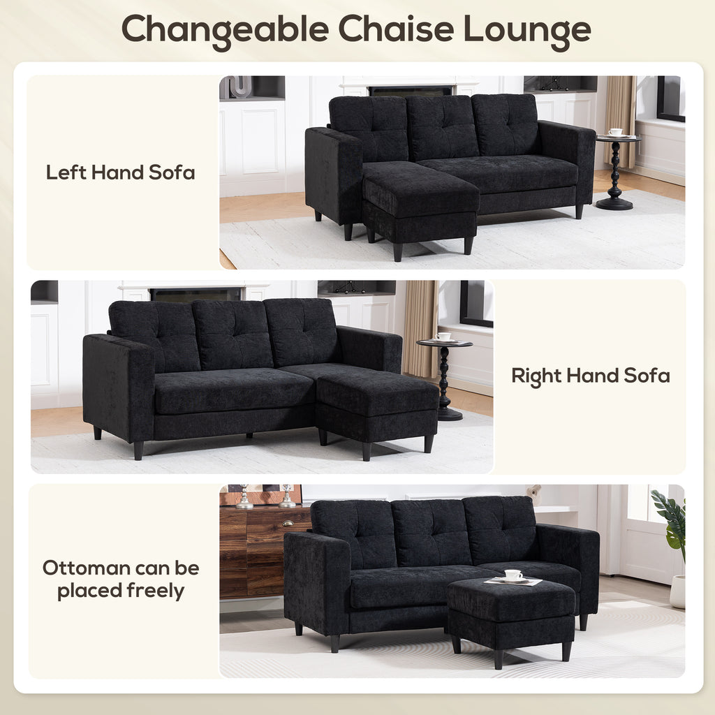 Sectional Sofa, L Shaped Couch with Changeable Chaise, Wooden Legs, Black