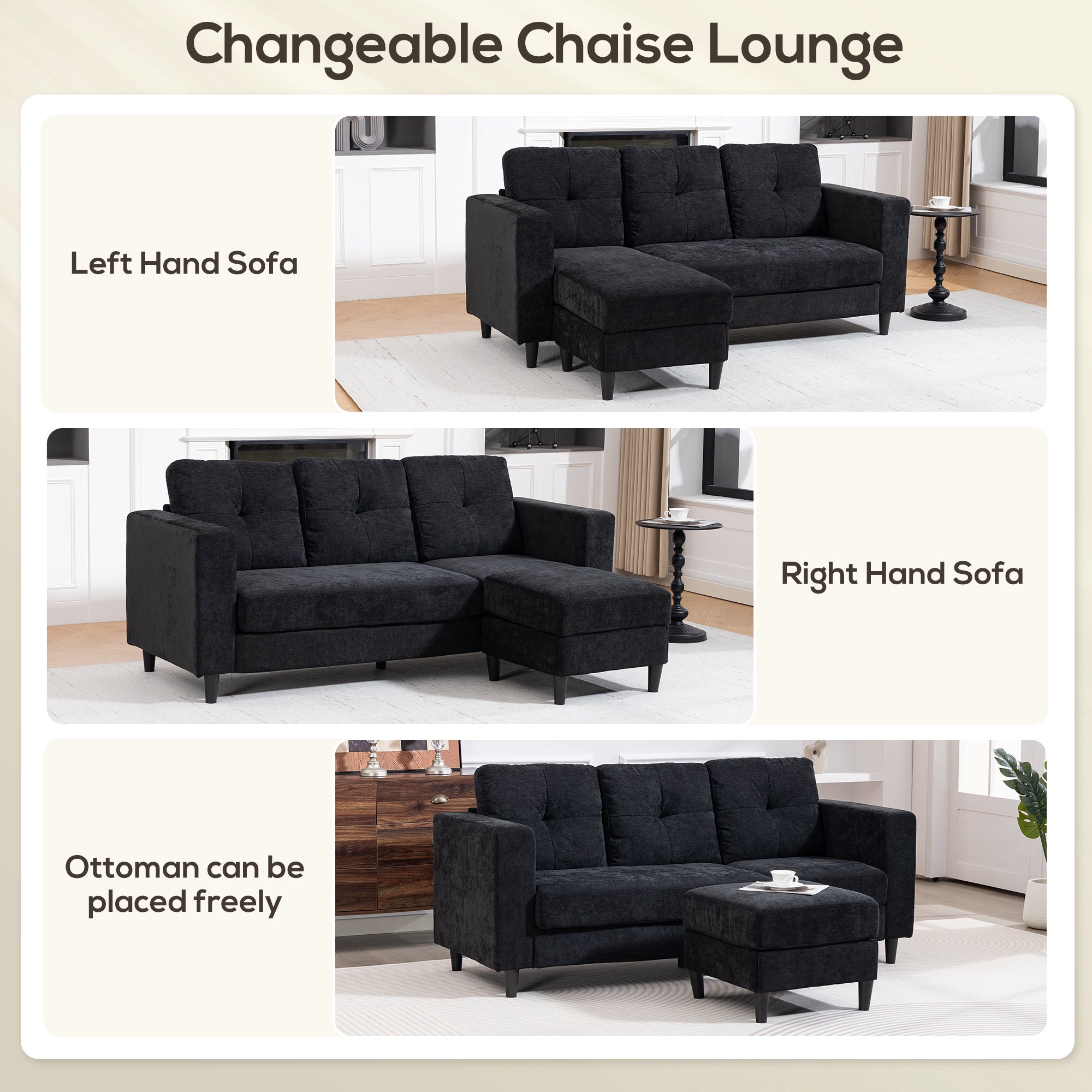 Sectional Sofa, L Shaped Couch with Changeable Chaise, Wooden Legs, Black