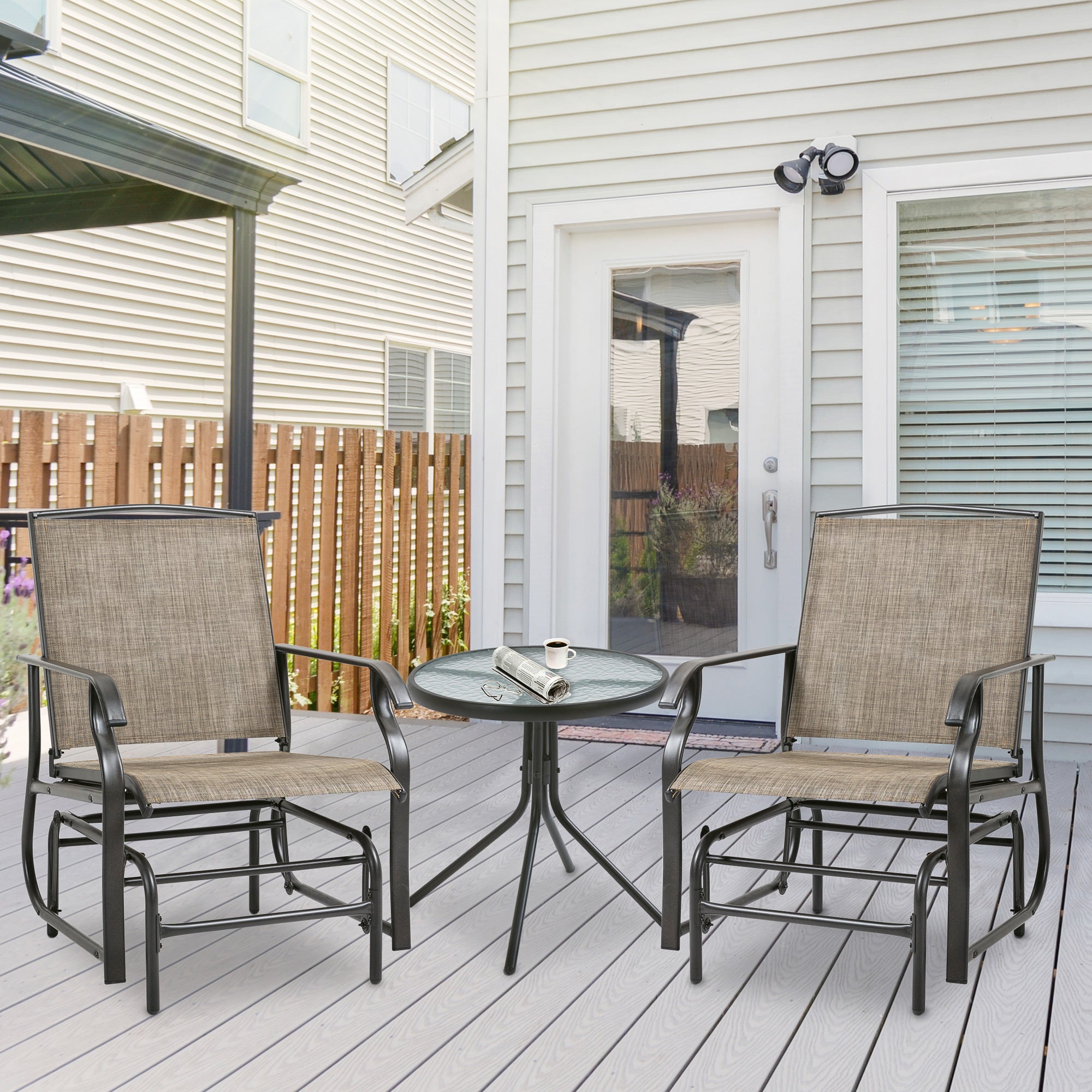 2 Pieces Outdoor Glider Chairs, 2 Person Glider Rocking Chair Set with Breathable Mesh Fabric, Steel Frame, Dark Brown