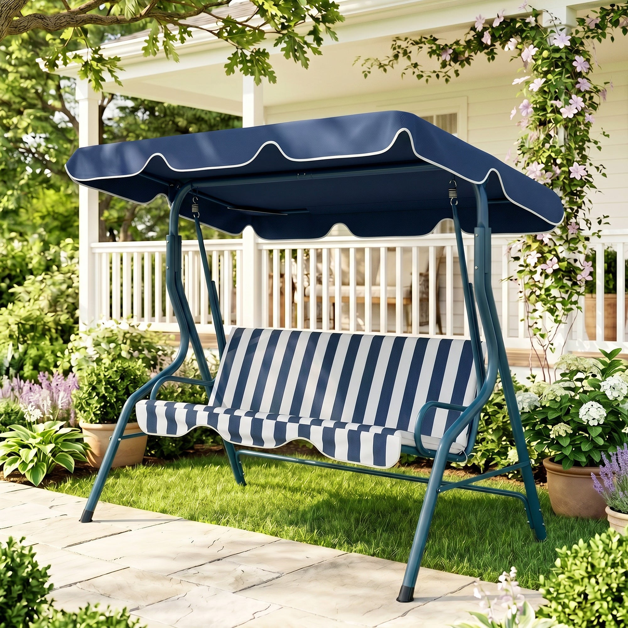 Outdoor Porch Swing with Adjustable Canopy, 3-Seater Patio Swing Chair with Cushion, Blue