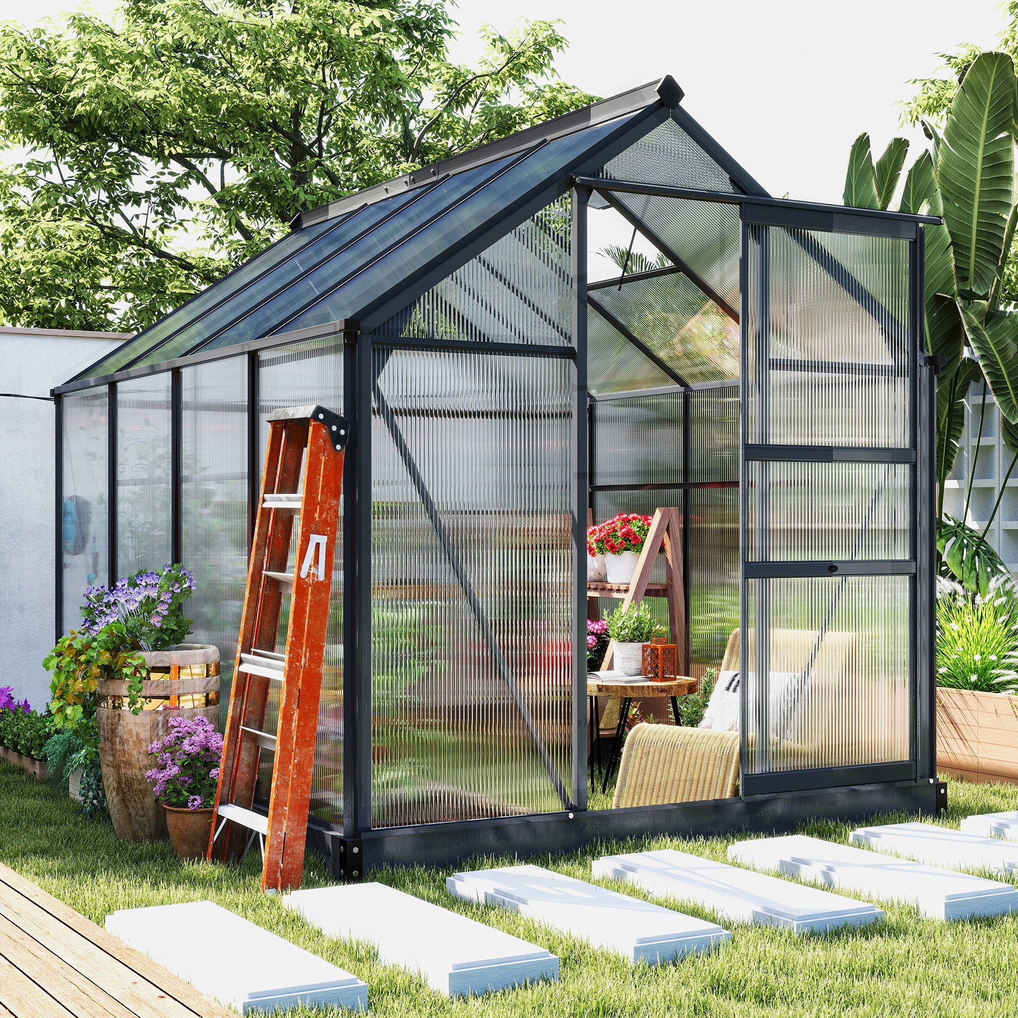 Greenhouse Kit with Rooftop vent, PC Board and Sliding Door, 6.2' x 8.3' x 6.6' Garden Greenhouse, Grey