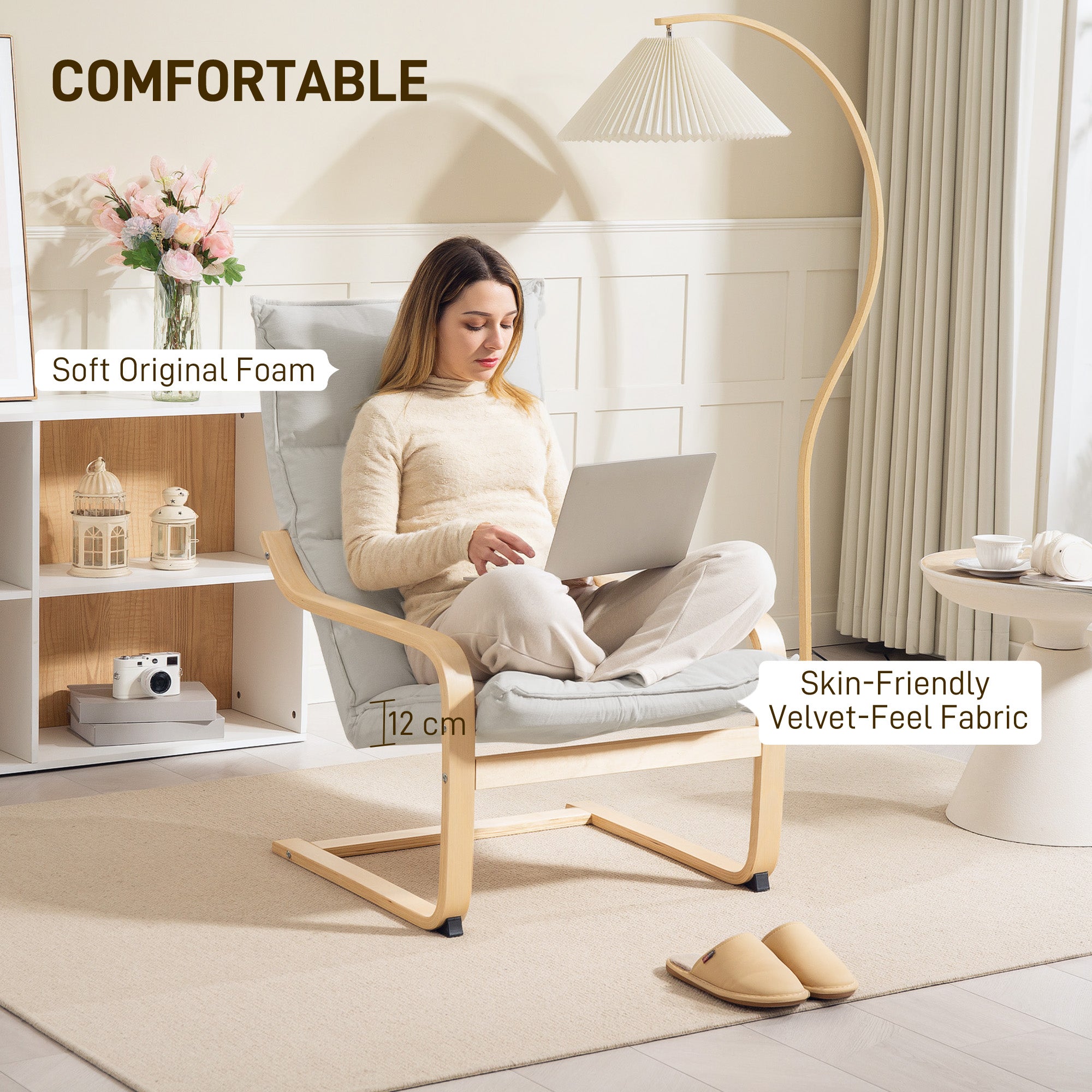Birch Wood Fabric Modern Armchair, Accent Chair with Curved Leg and Arm for Living Room, Cream White
