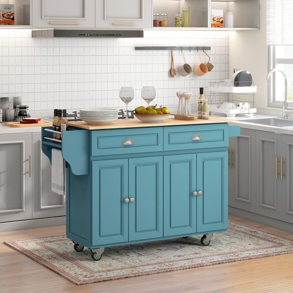 Kitchen Island with Storage, Rolling Kitchen Island with Drop Leaf, Rubber Wood Top and Adjustable Shelves, Light Blue