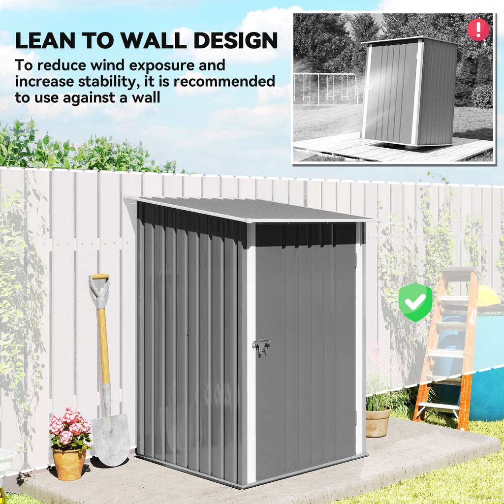 3.3' x 3.4' Lean-to Garden Storage Shed, Outdoor Galvanized Steel Tool House with Lockable Door for Patio Grey