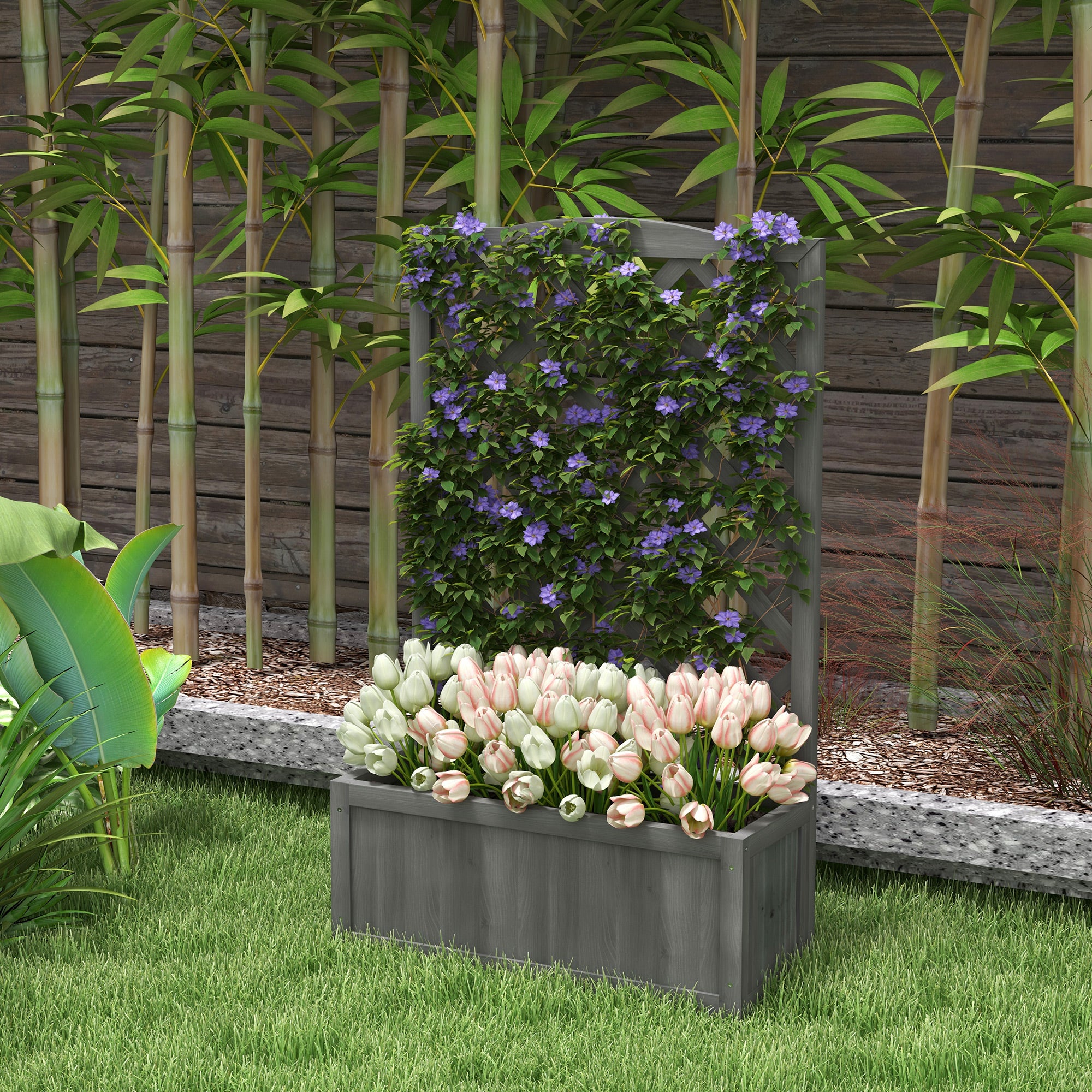 Wood Planter with Trellis for Vine Climbing, Raised Garden Bed to Grow Vegetables for Backyard, 28" x 11" x 46", Grey