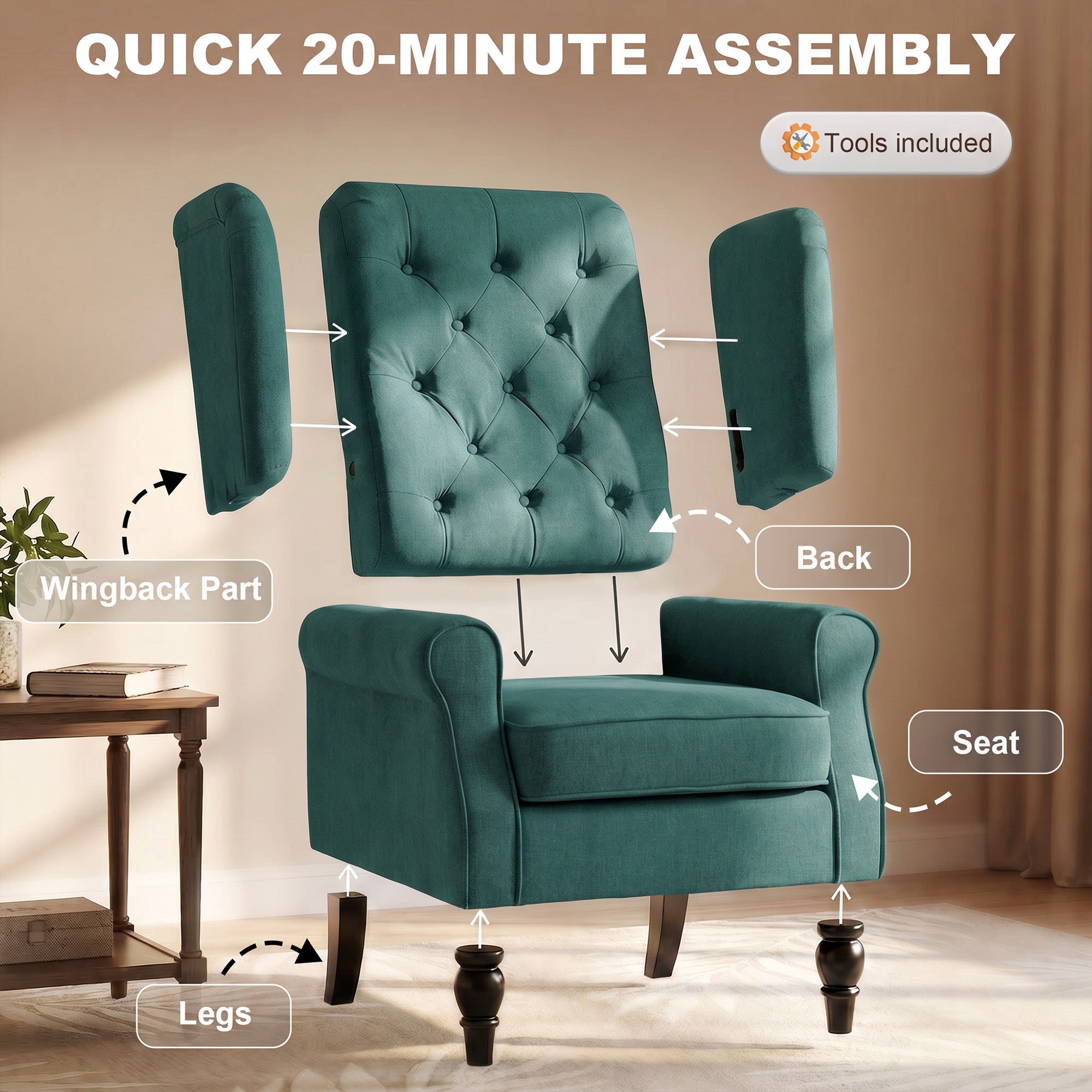 Fabric Accent Chair, Button Tufted Armchair, Armchair with Wood Legs, Thick Padding for Bedroom Dark Green