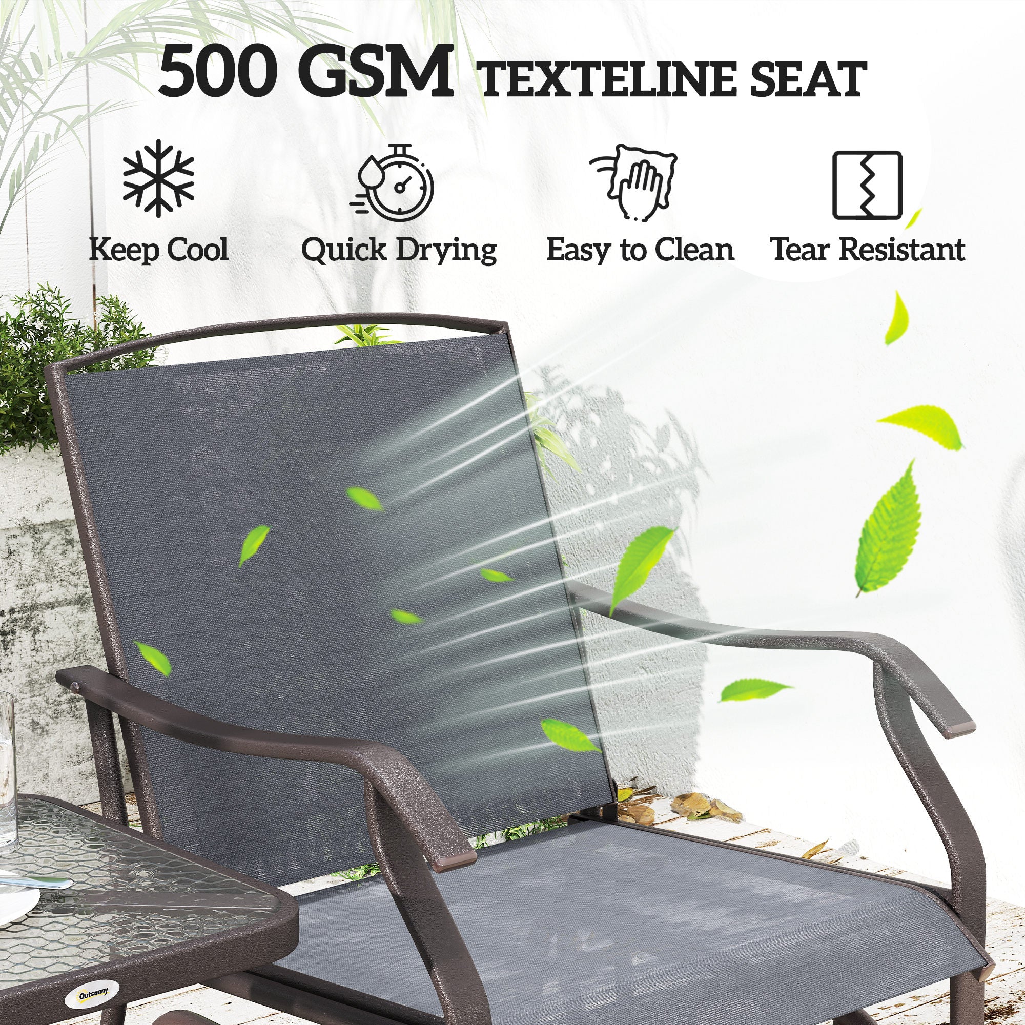 3 Piece Patio Glider Set Outdoor Gliders with Breathable Mesh Seat, Glass Top Table for Garden, Yard, Grey
