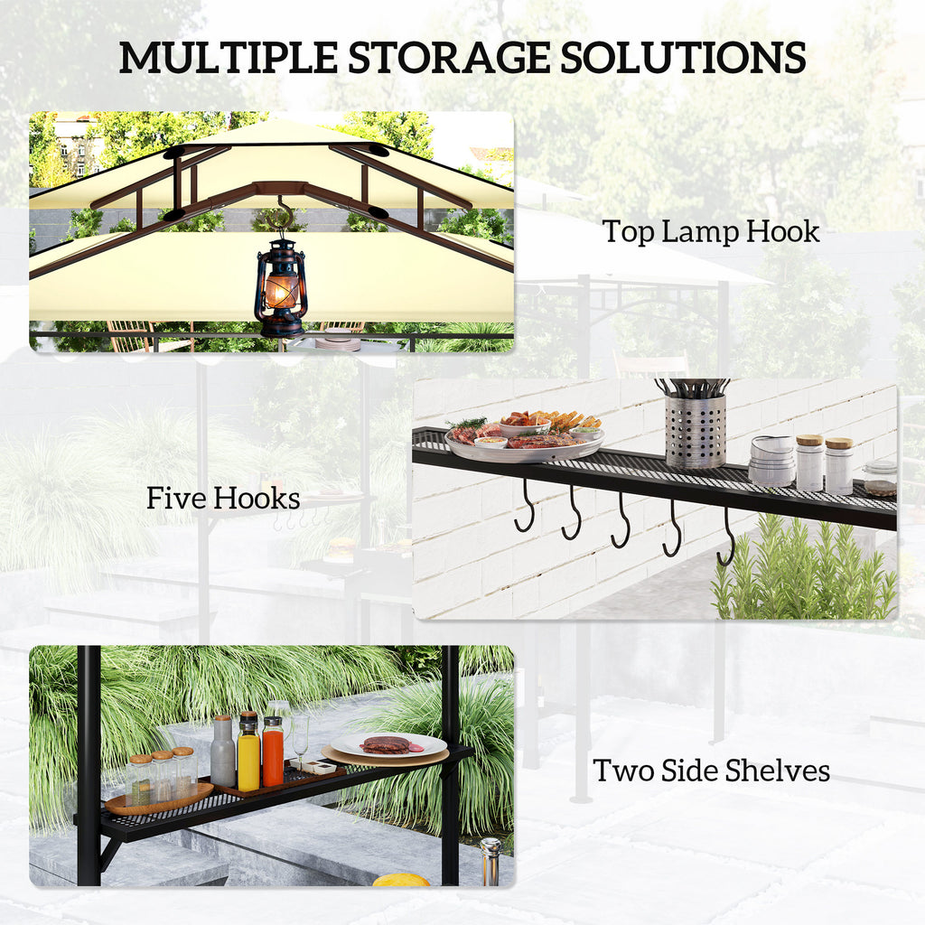 8' x 7.6' Grill Gazebo, Double Tiered Barbecue Grill Gazebo Shelter w/ Side Awning, 2 Side Shelves, 6 Hooks, Beige