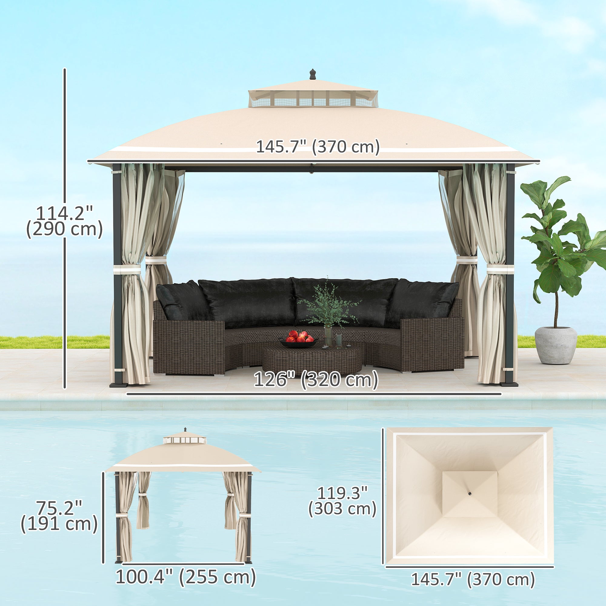 10' x 12' OutdoorÂ Gazebo,Â Double Roof Patio Gazebo Canopy with Netting and Curtains for Garden, Lawn, Backyard, Deck