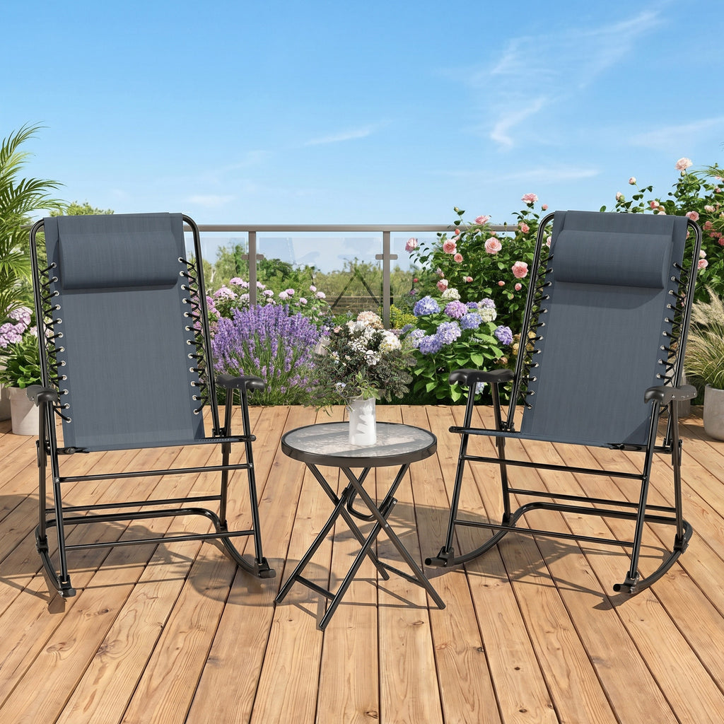 3pc Patio Rocking Chair Set, Folding Outdoor Rocking Chairs and Table Bistro Set w/ Breathable Mesh Seat & Backrest, Headrest for Park, Backyard, Garden, Grey
