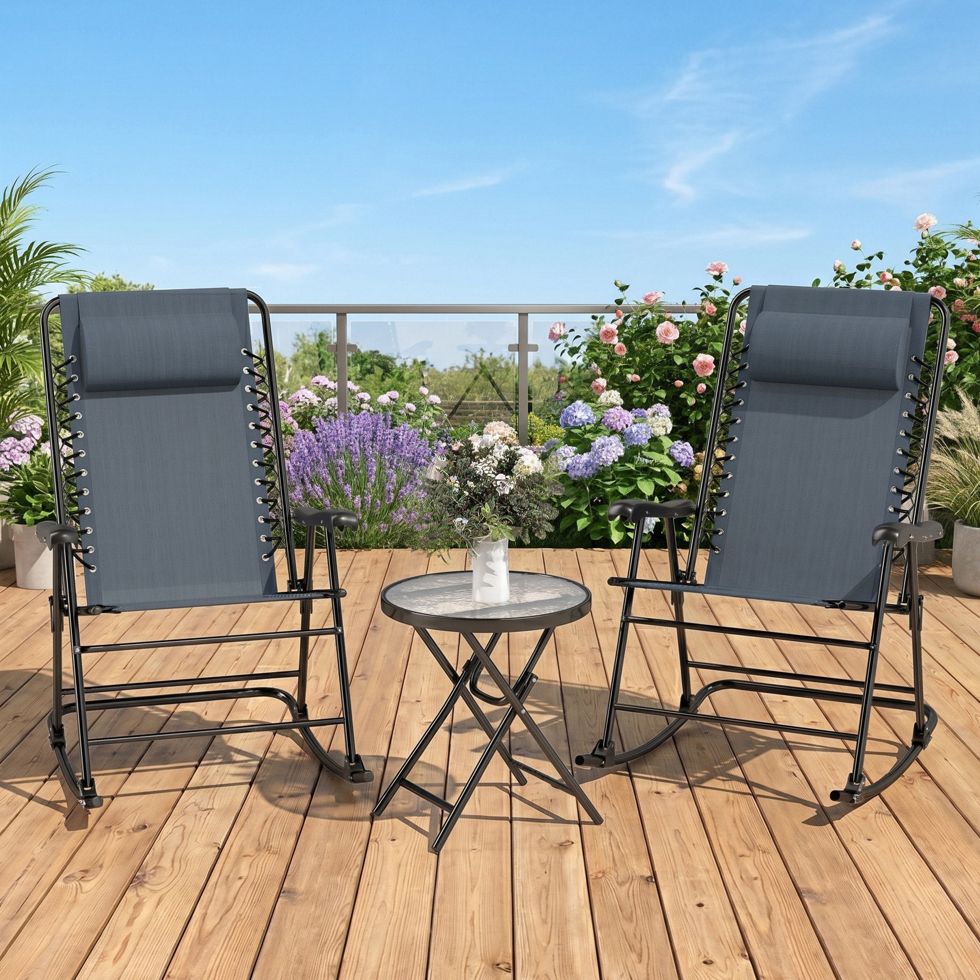 3pc Patio Rocking Chair Set, Folding Outdoor Rocking Chairs and Table Bistro Set w/ Breathable Mesh Seat & Backrest, Headrest for Park, Backyard, Garden, Grey