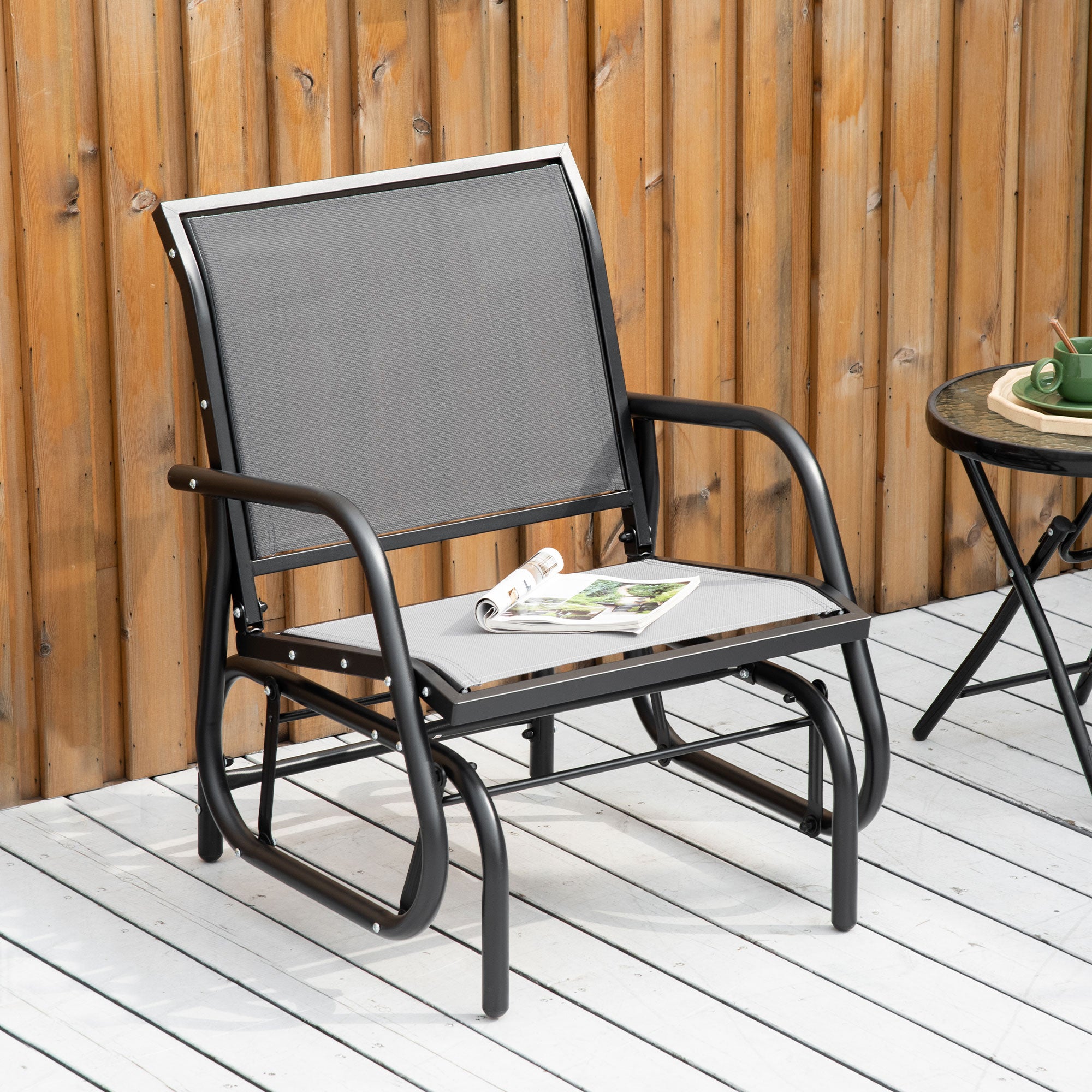 Patio Glider with Breathable Mesh Fabric Seat & Backrest, Metal Frame Outdoor Glider Swing Chair with Armrests, Grey