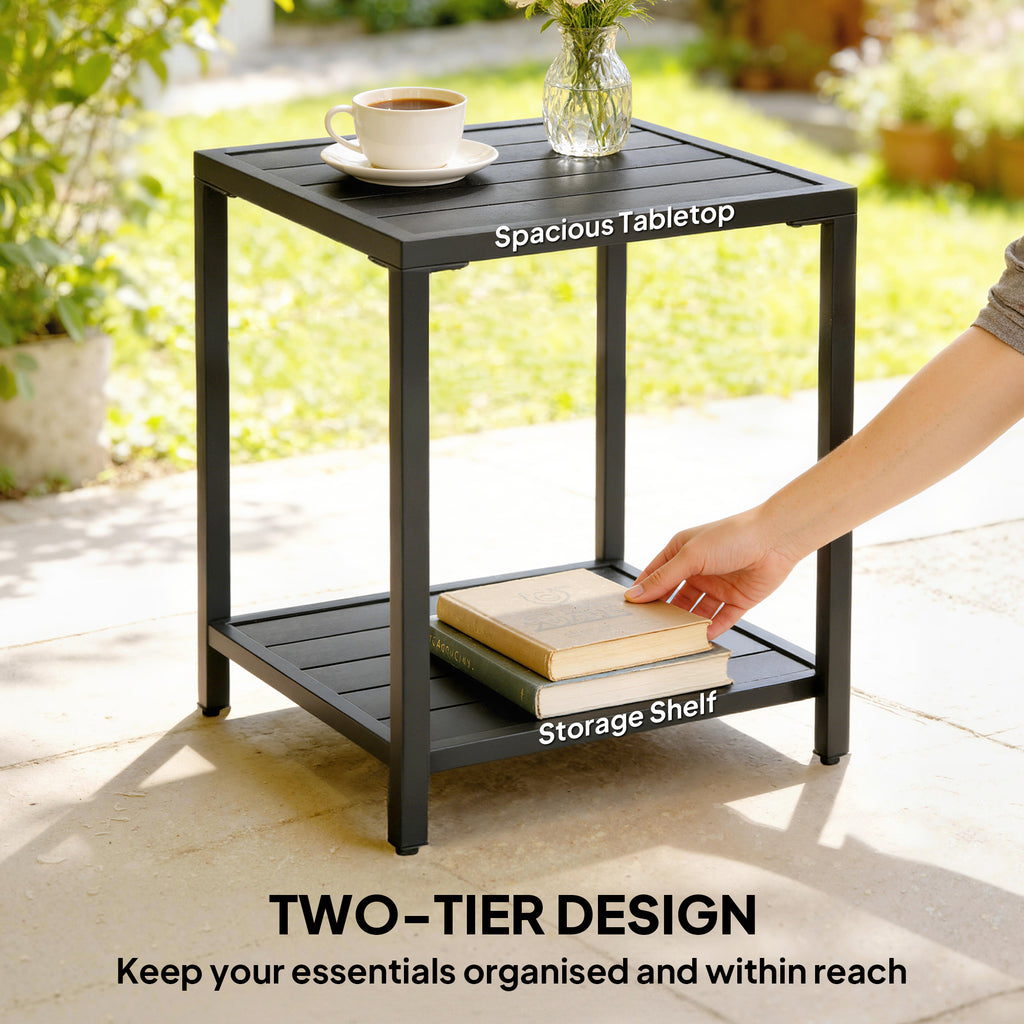 Outdoor Coffee Table 2-Tier Patio Coffee Table with Storage Shelf, Adjustable Feet for Garden Balcony Poolside Black