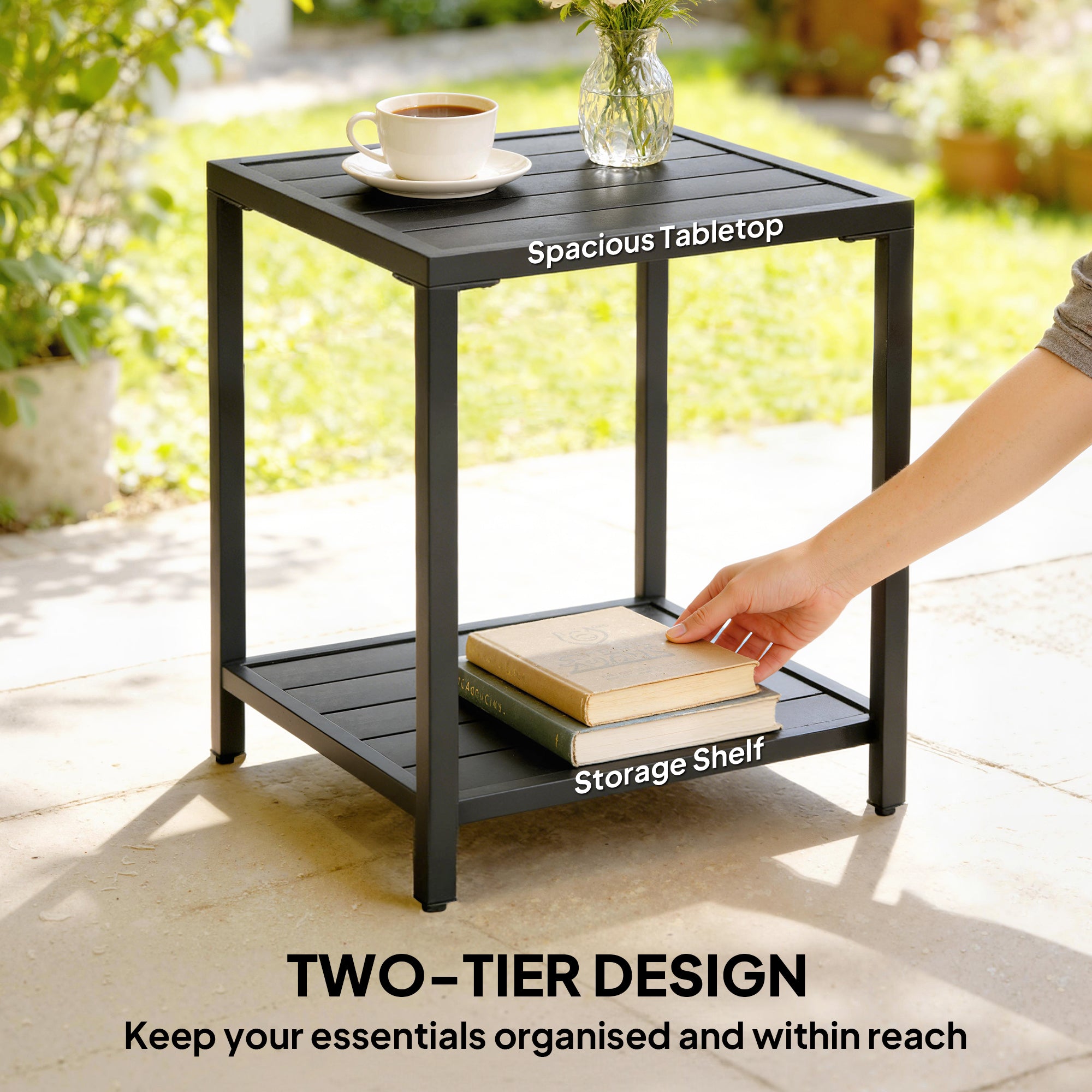 Outdoor Coffee Table 2-Tier Patio Coffee Table with Storage Shelf, Adjustable Feet for Garden Balcony Poolside Black