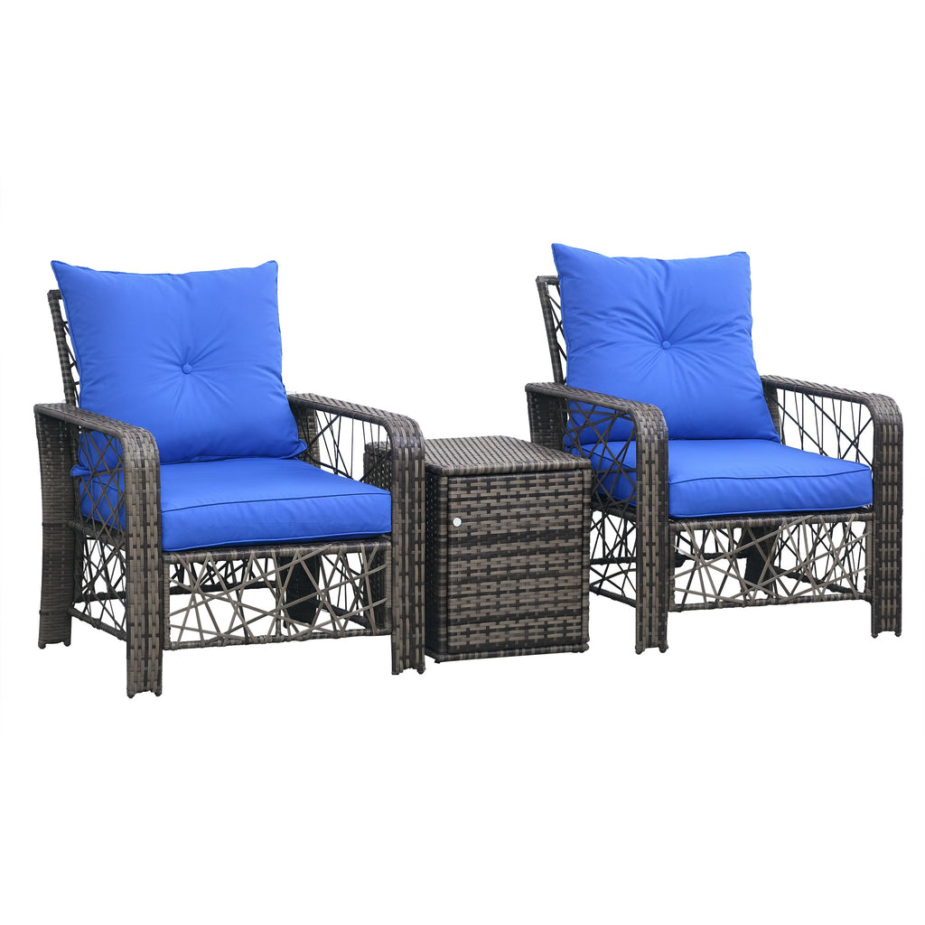 3 Pieces Wicker Patio Furniture Set, Rattan Bistro Set with Storage Coffee Table and Thickened Cushions, Outdoor Conversation Set for Garden, Porch, Balcony, Blue