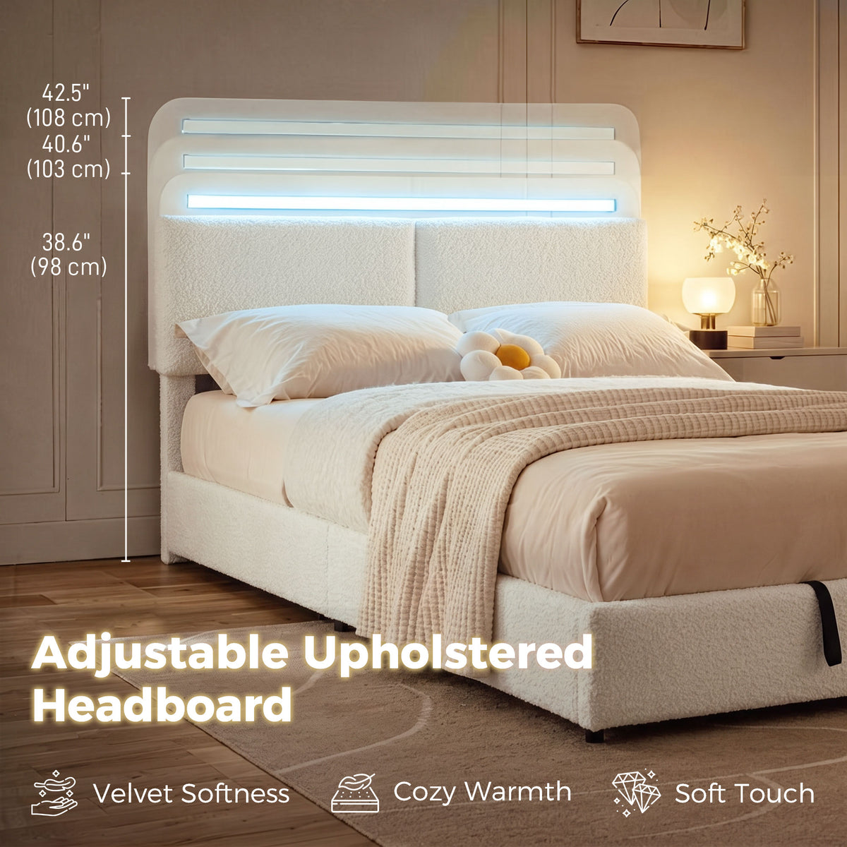 Upholstered queen platform bed with built-in charging station and LED lights