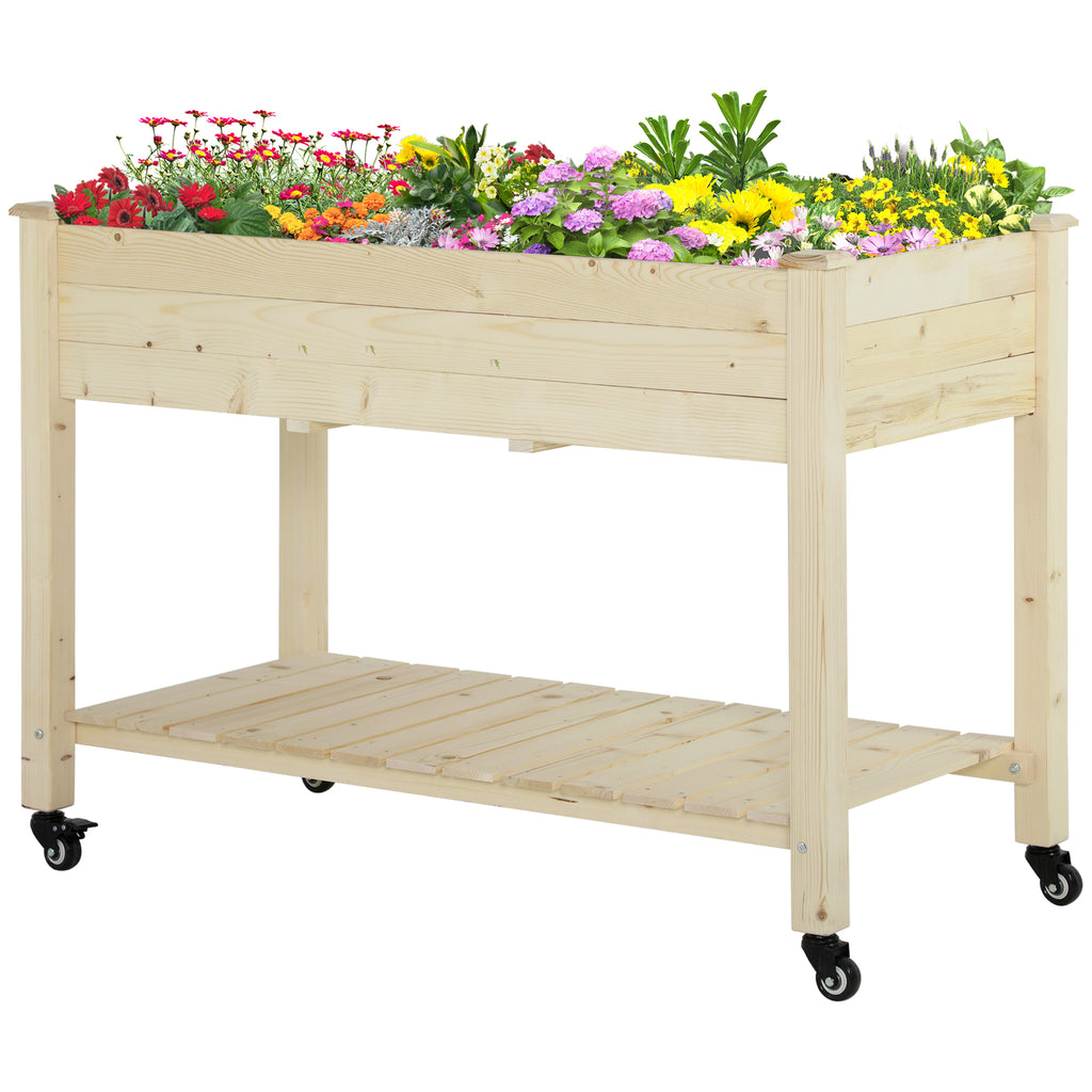 Mobile Raised Garden Bed Elevated Wood Planter Box with Lockable Wheels, Storage Shelf for Herbs Vegetables, Natural