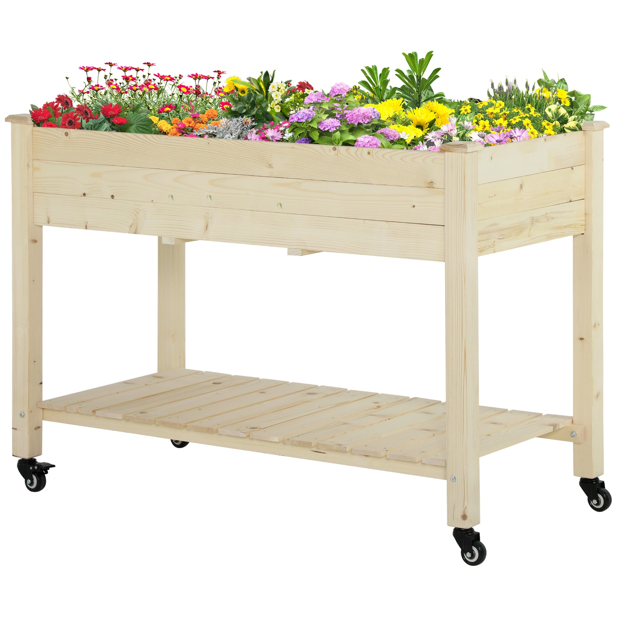 Mobile Raised Garden Bed Elevated Wood Planter Box with Lockable Wheels, Storage Shelf for Herbs Vegetables, Natural