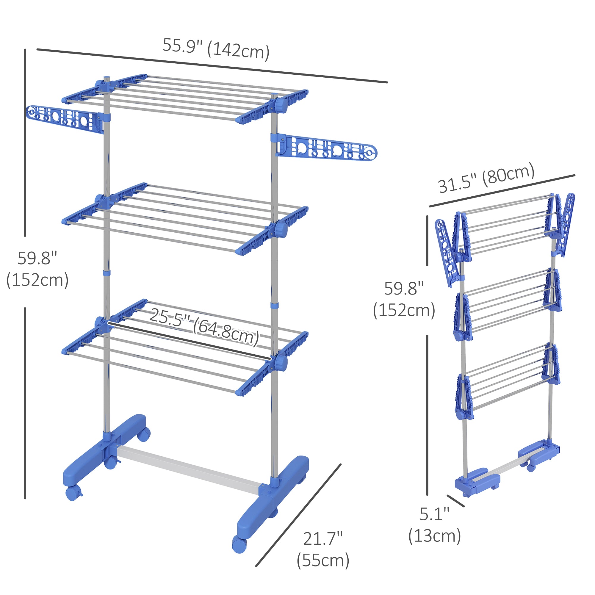 3-Tier Foldable Clothes Drying Rack, Stainless Steel Laundry Rack with 2 Side Wings and 6 Castors, Collapsible Adjustable Clothes Airer for Indoor Outdoor, Blue
