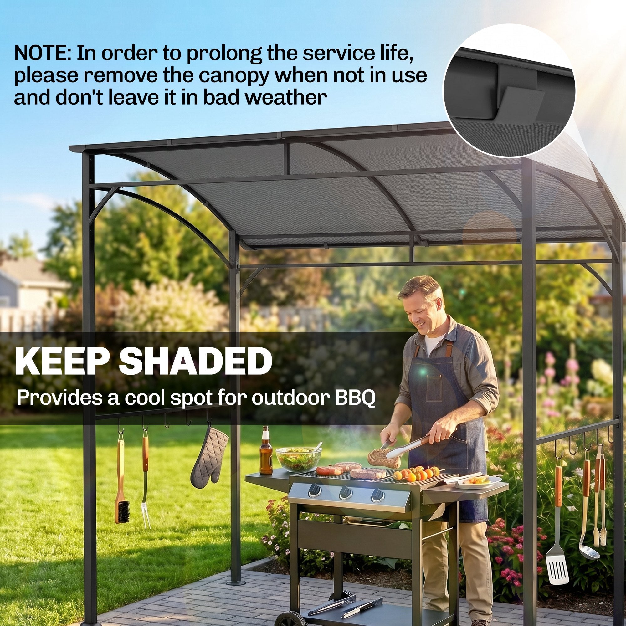 7' x 5' Garden Grill Canopy, BBQ Grill Gazebo Tent with Steel Frame and Hooks, Outdoor Sun Shade, Charcoal Grey