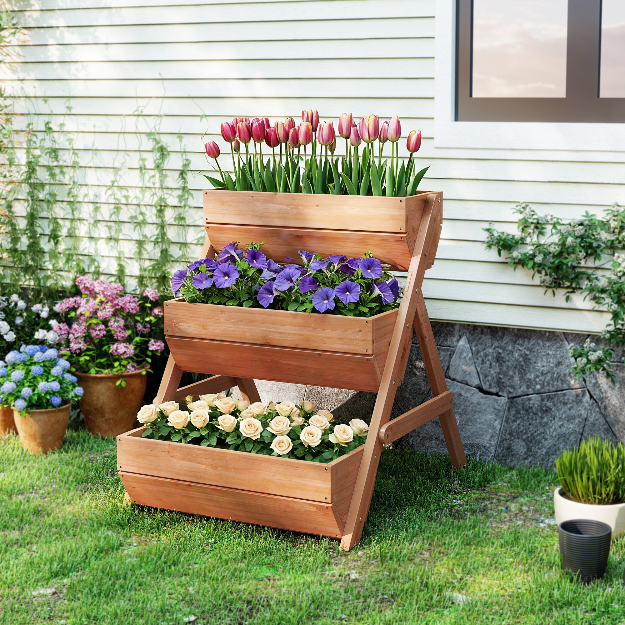 3 Tier Elevated Planter Box, Vertical Wooden Raised Garden Bed for Flowers, Vegetables, 26" x 30" x 30", Brown